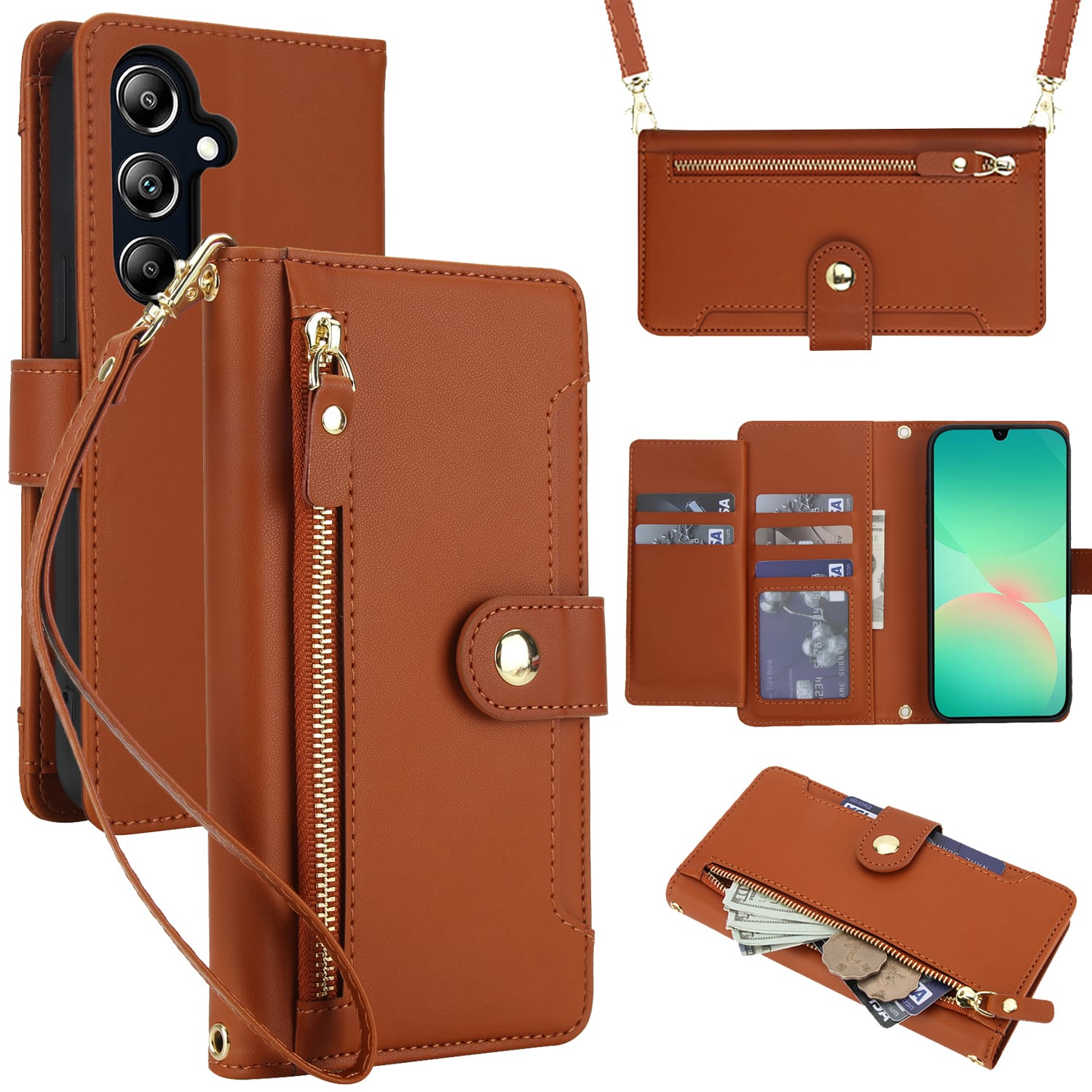 UUCOVER - For Samsung Galaxy A16 5G PU Leather Wallet Case with Card Slots Cash Holder, Zipper Pocket, Stand, Shoulder Wrist Strap - Brown price history on PriceWatchPro
