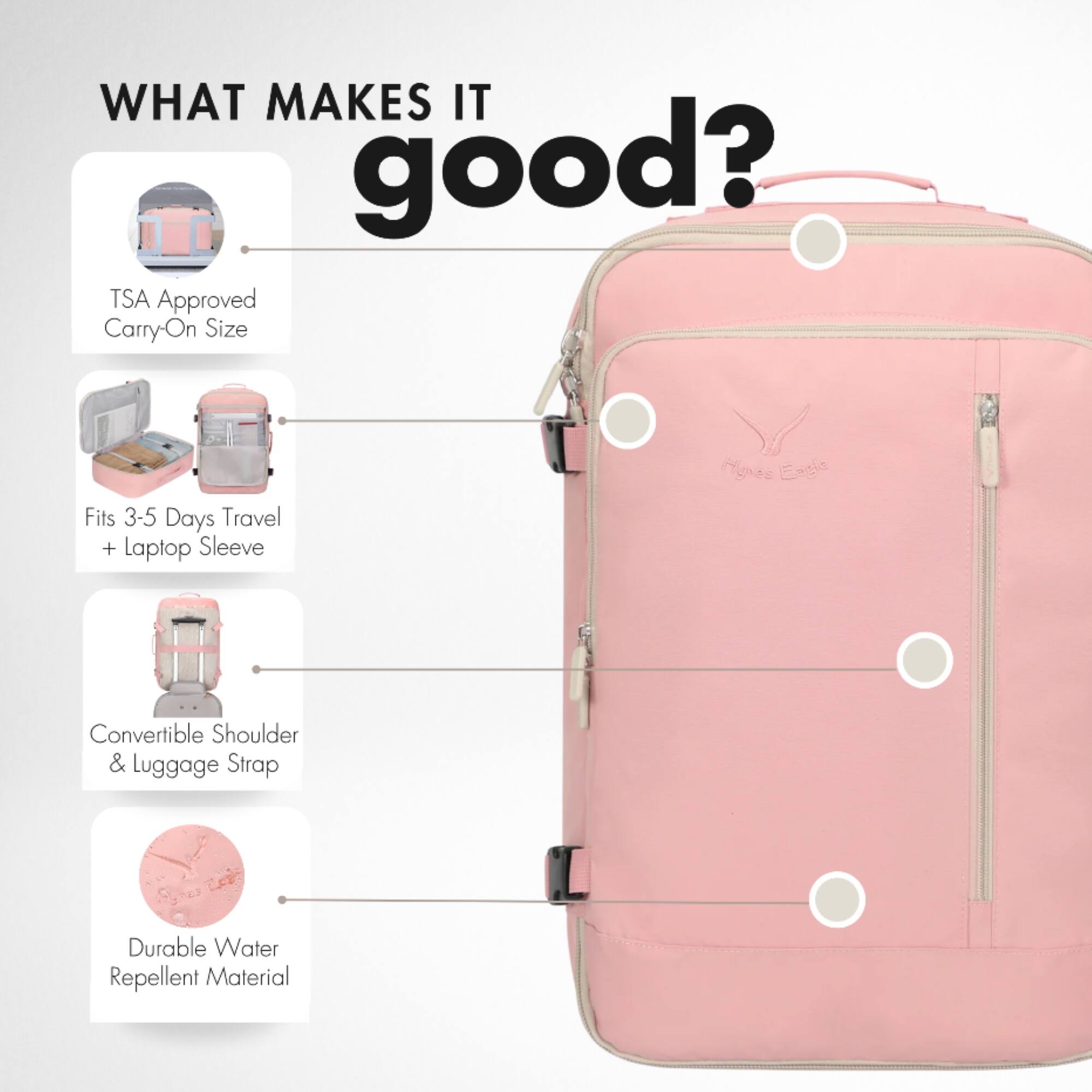 WHAT MAKES IT good?

- TSA Approved Carry-On Size
- Fits 3-5 Days Travel + Laptop Sleeve
- Convertible Shoulder & Luggage Strap
- Durable Water Repellent Material