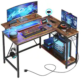 Bestier - L-Shaped Gaming Desk with Power Outlets LED Lights and Reversible Storage Shelves & Hooks - 42" Wide - Brown