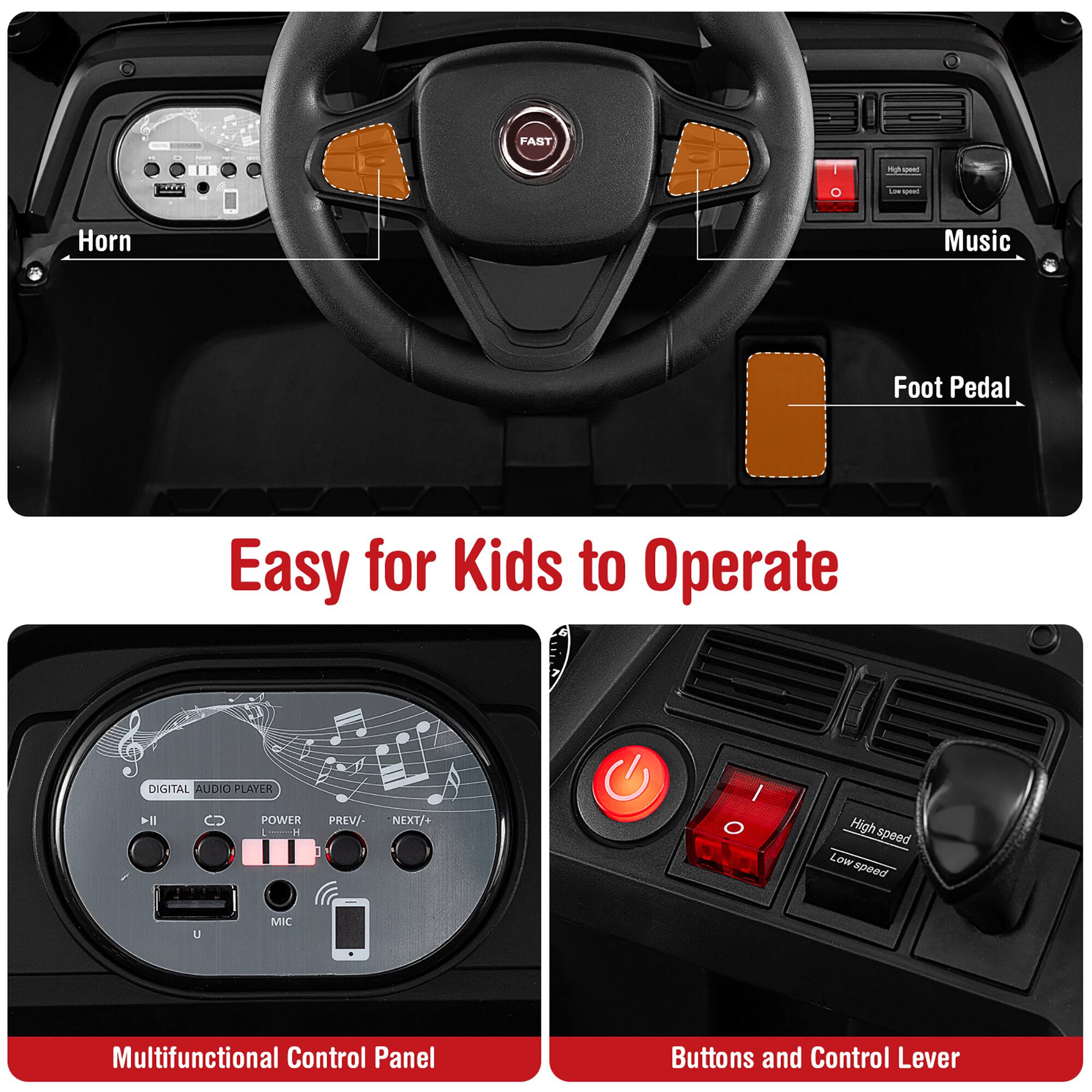 FAST m pu i  
Horn Music Foot Pedal  
Easy for Kids to Operate  
DIGITAL AUDIO PLAYER  
POWER PREV/- NEXT/+  
High speed Low speed  
MIC  
Multifunctional Control Panel  
Buttons and Control Lever