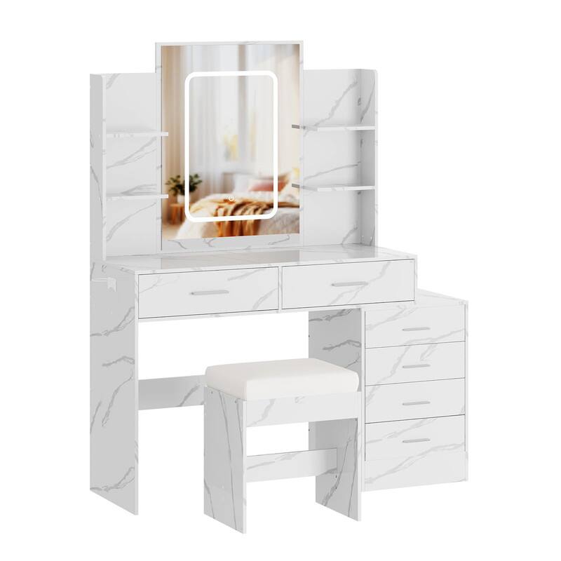 Front. GARVEE - Vanity Desk with Mirror and Lights, Stool, LED Mirror, 6 Drawers, 4 Shelves, 3-Color Lighting, Beauty Organizer - Marble White.