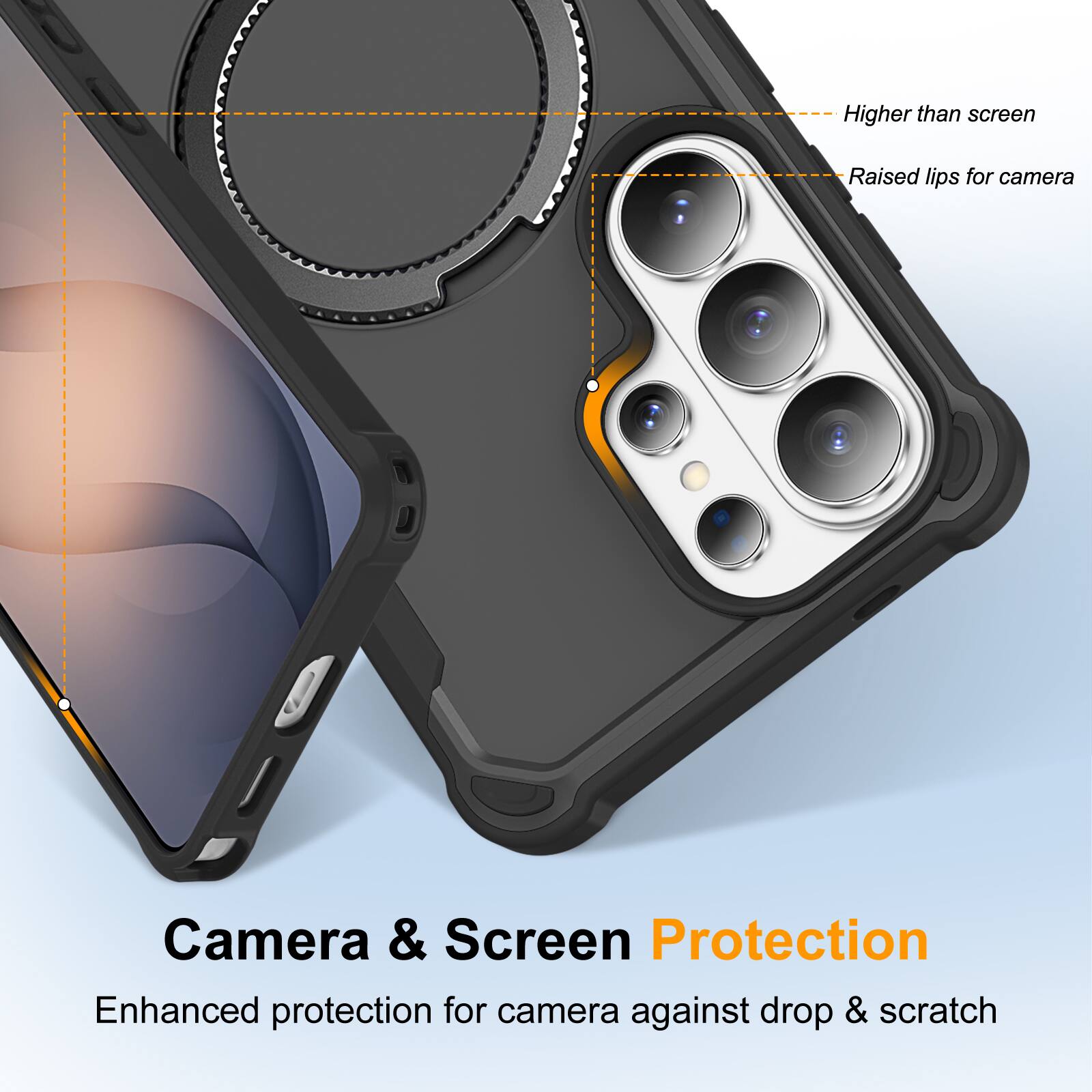 Higher than screen  
Raised lips for camera  
Camera & Screen Protection  
Enhanced protection for camera against drop & scratch