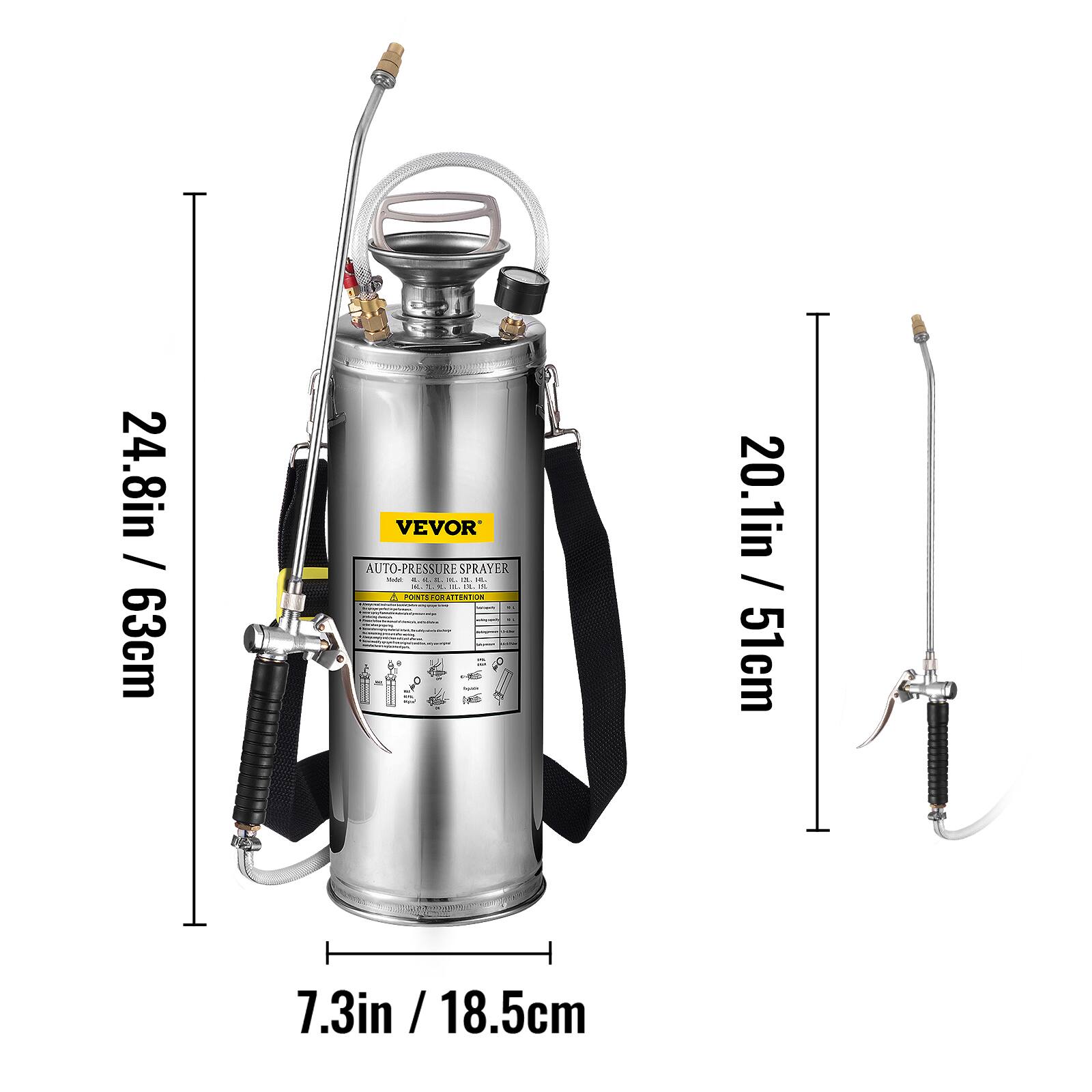 24.8in / 63cm VEVOR AUTO-PRESSURE SPRAYER  
- 20.1in / 51cm  
- 7.3in / 18.5cm