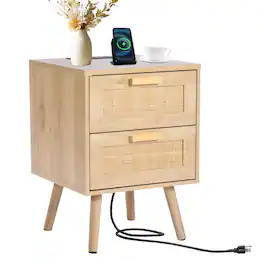 VEVOR - Rattan Nightstand, Boho Bedside Table with 2 Drawers, Rattan End Table Nightstand with Solid Wood Legs - Oak