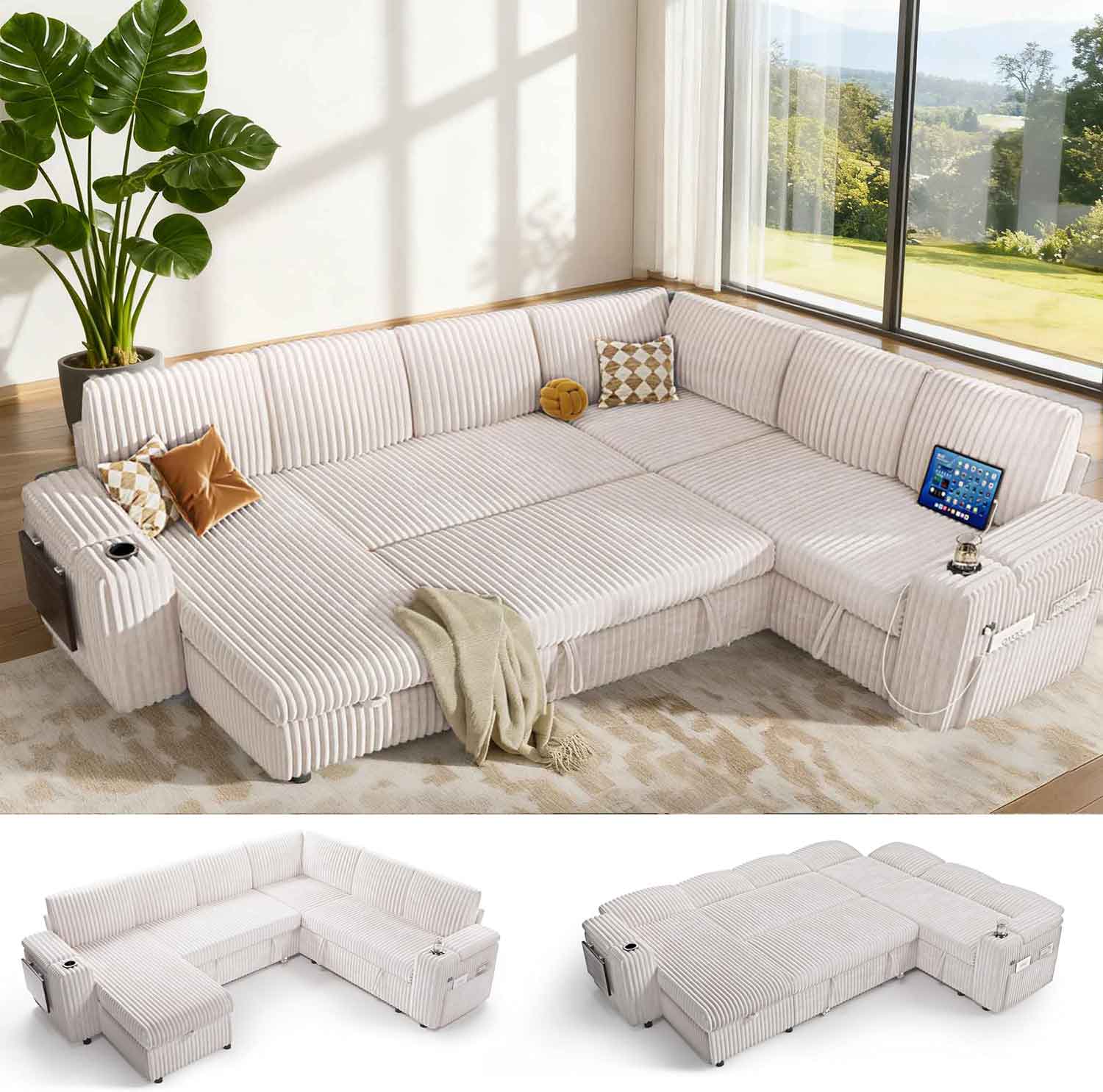 Dyonery - 110" Modular Sectional Sleeper Sofa with Pull Out Bed, 7 Seat L Shaped with Reclining Backrest,Corduroy Beige - Beige