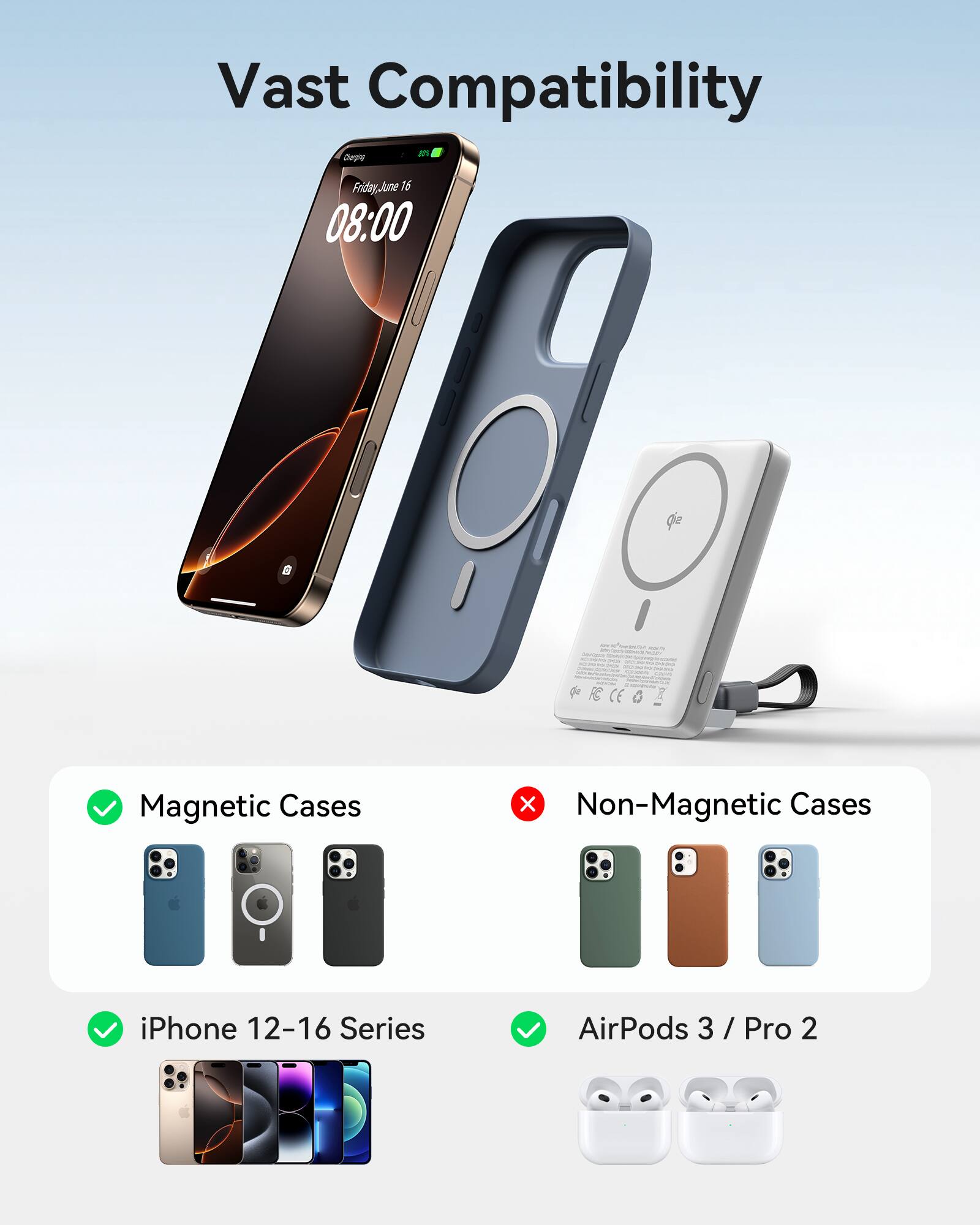Vast Compatibility: Magnetic Cases and Non-Magnetic Cases for iPhone 12-16 Series and AirPods 3 / Pro 2.