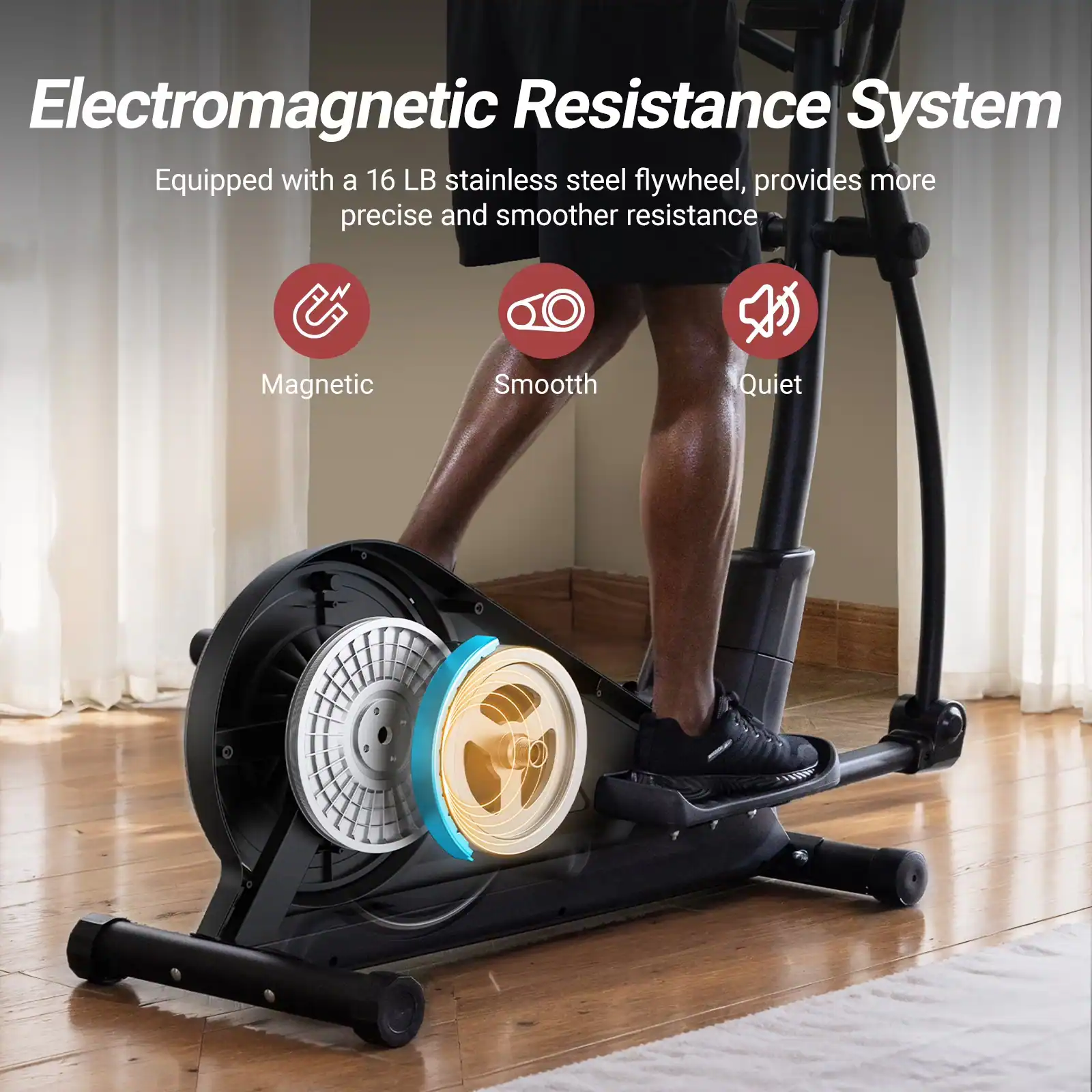 Electromagnetic Resistance System  
Equipped with a 16 LB stainless steel flywheel, provides more precise and smoother resistance  

- Magnetic  
- Smooth  
- Quiet