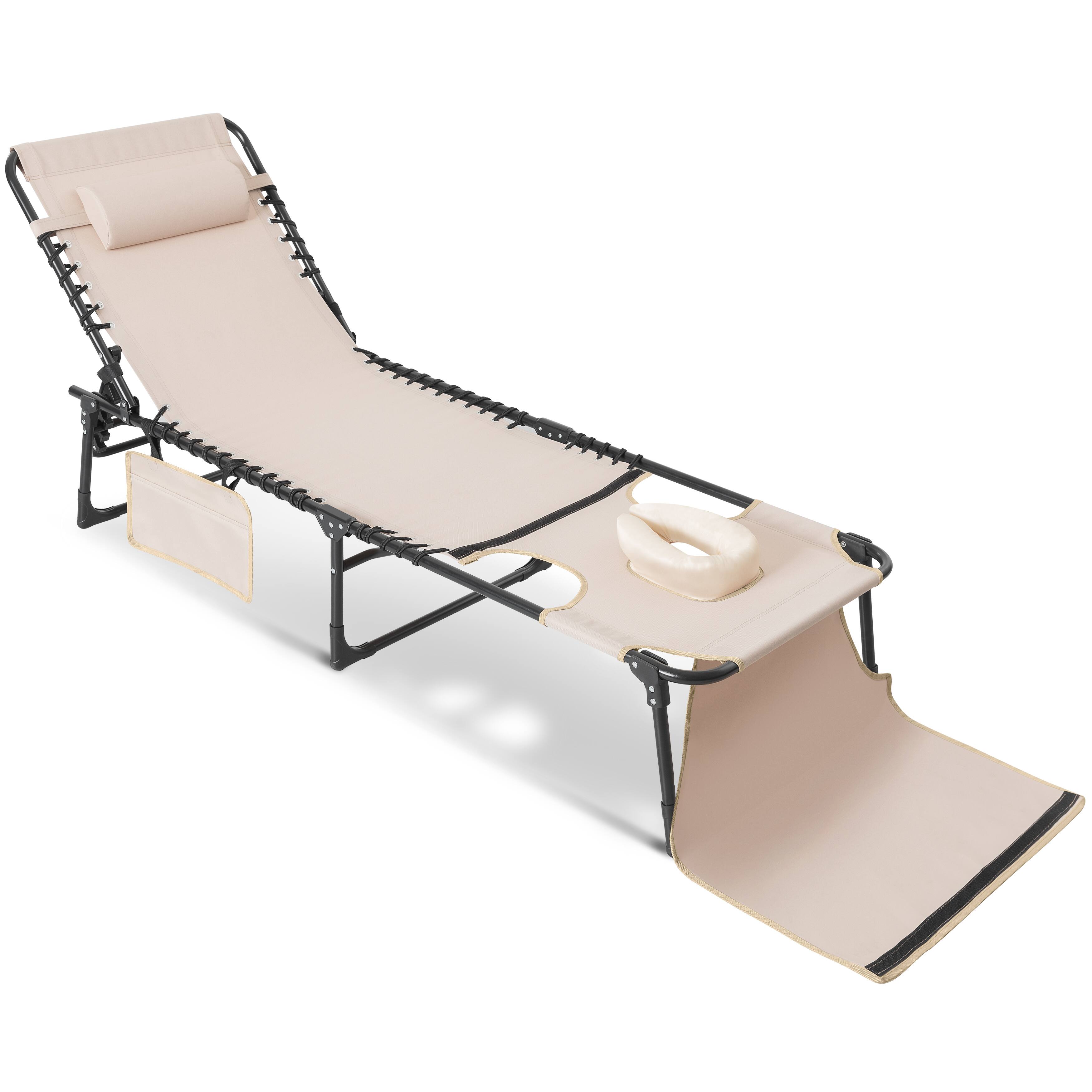 Front. Nuu Garden - Folding Chaise Lounge Chair, 5-Position Adjustable Recliner with Pillow and Face Hole - khaki and black.