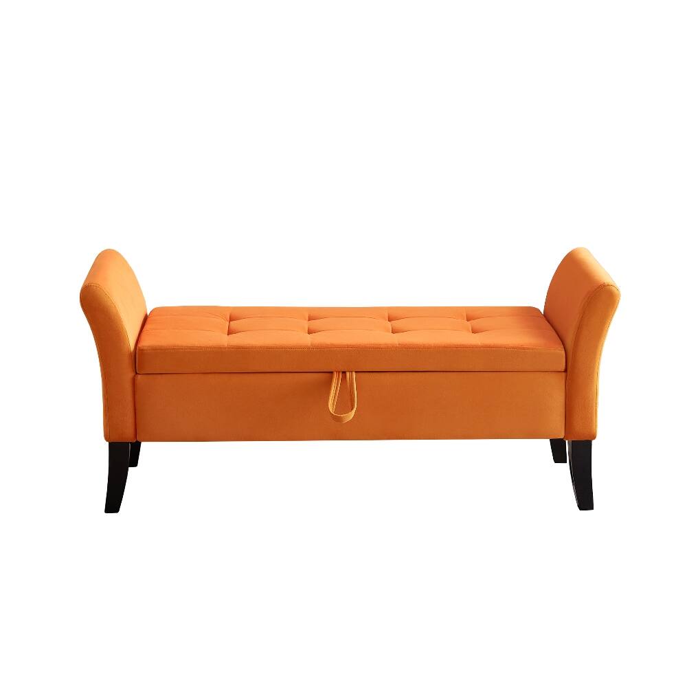 Alt View 3. Ropilly - Ropilly 51.5" Tufted Orange Velvet Storage Bench, Upholstered End of Bed Ottoman with Curved Arms for Bedroom & Entryway - Orange.
