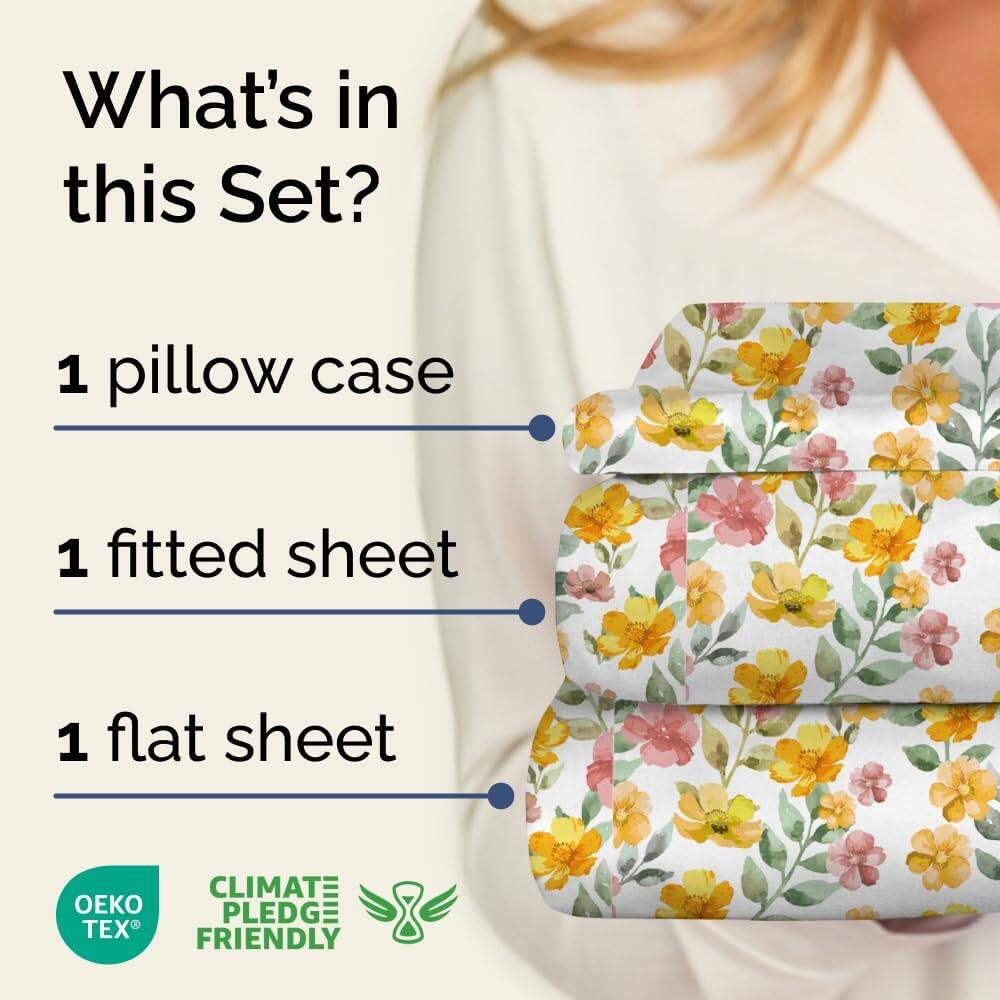 What's in this Set?

1 pillow case  
1 fitted sheet  
1 flat sheet  

CLIMATE PLEDGE FRIENDLY  
OEKO TEX