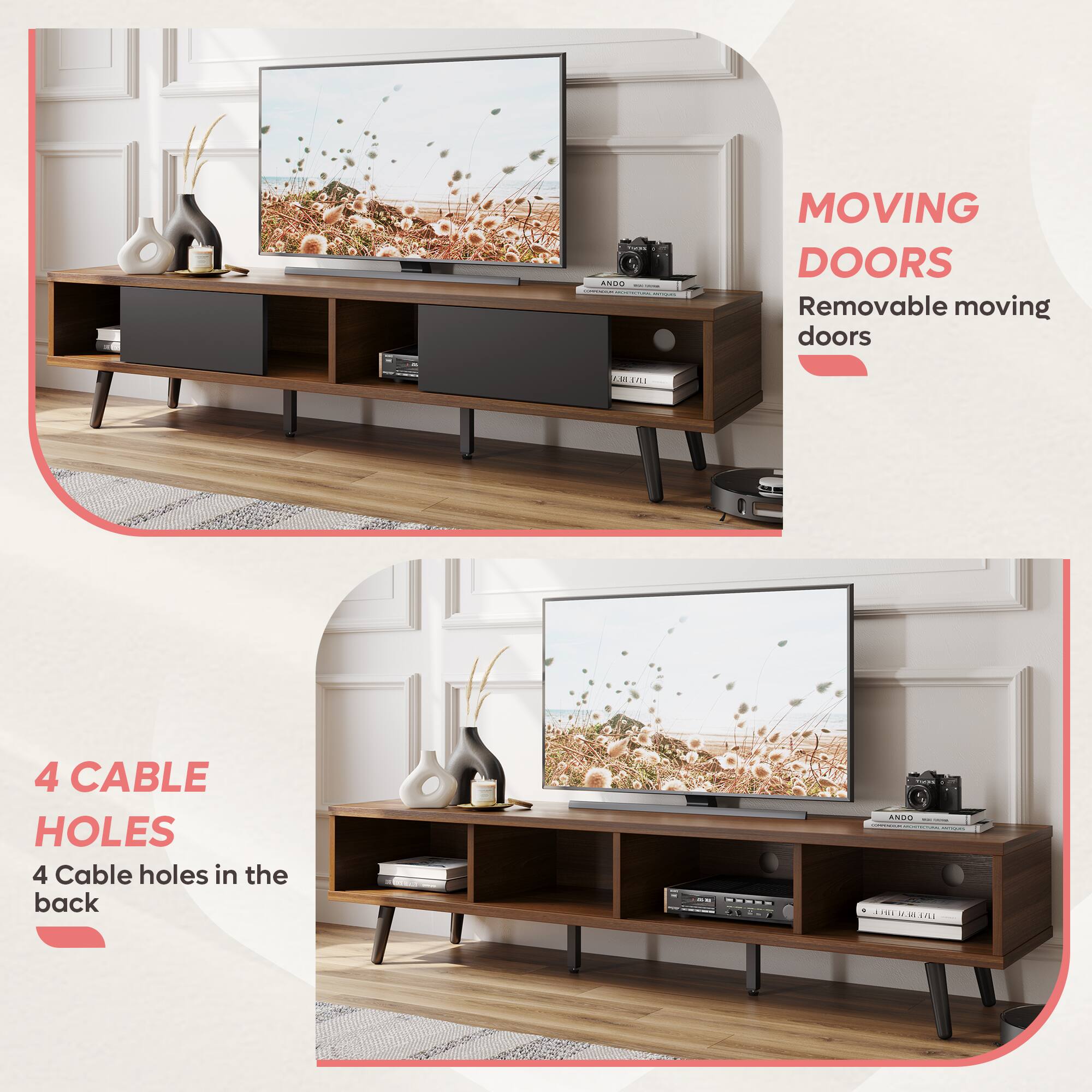 The image features a television sitting on top of a wooden stand. The stand has a large screen TV and four cable holes in the back. The television is placed on a white wall, and there are two vases nearby. The stand is also described as having removable moving doors, which can be used to easily access the cables.