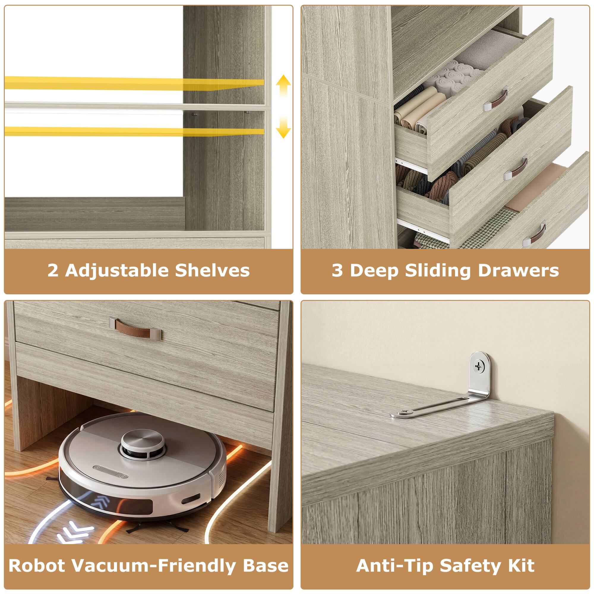 2 Adjustable Shelves  
3 Deep Sliding Drawers  
Robot Vacuum-Friendly Base  
Anti-Tip Safety Kit