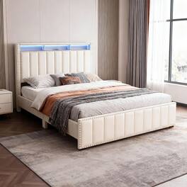 Parrot Uncle - Contemporary Velvet Platform Bed With LED Lights and Nailhead Trim - Beige
