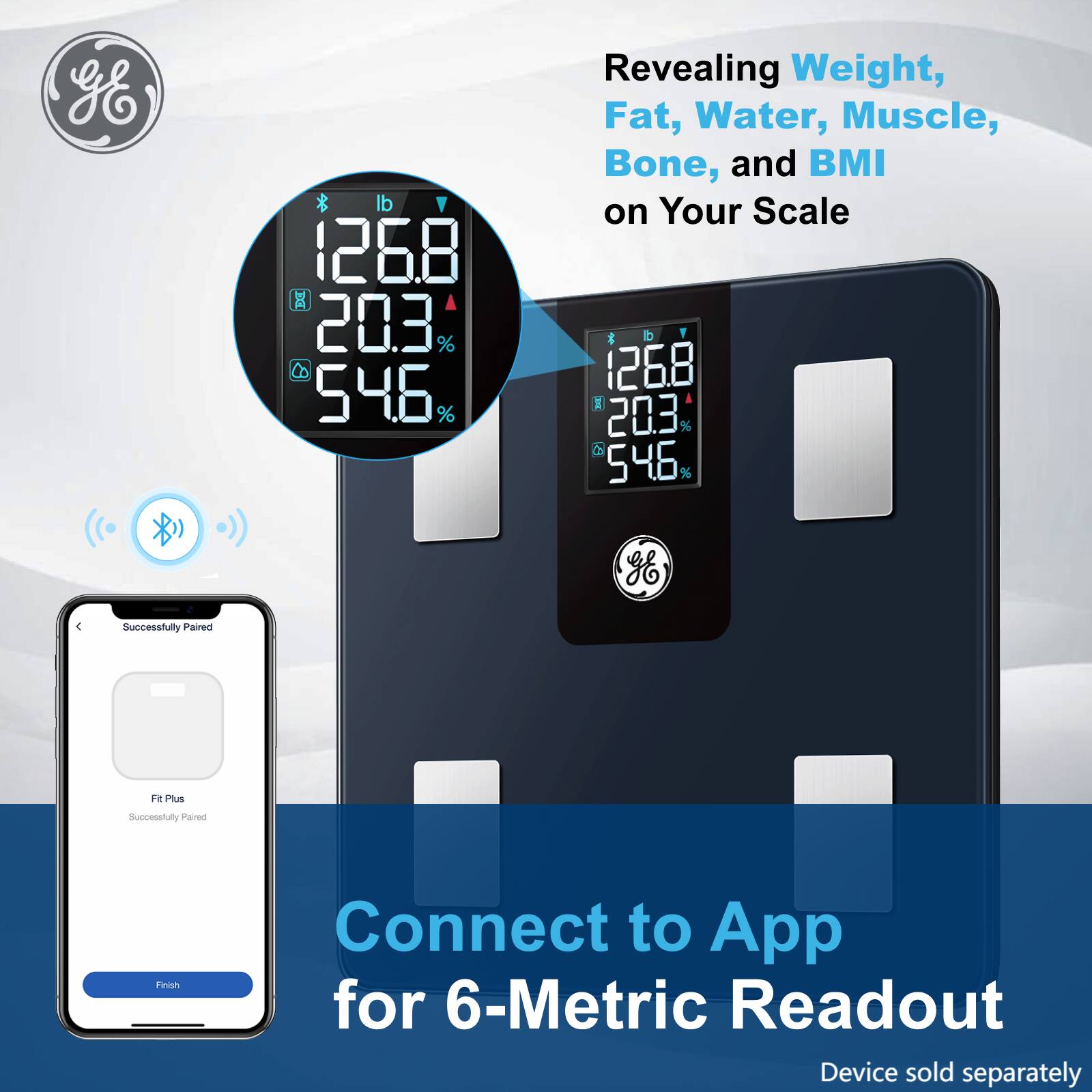 Revealing Weight, Fat, Water, Muscle, Bone, and BMI on Your Scale

Connect to App for 6-Metric Readout

Device sold separately