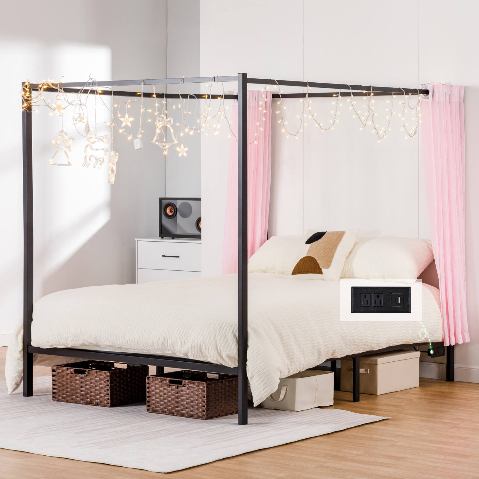 Alt View 4. CloudRest Pro - King Canopy Bed Frame with Movable Charging Station Metal Bed Frames - Black.