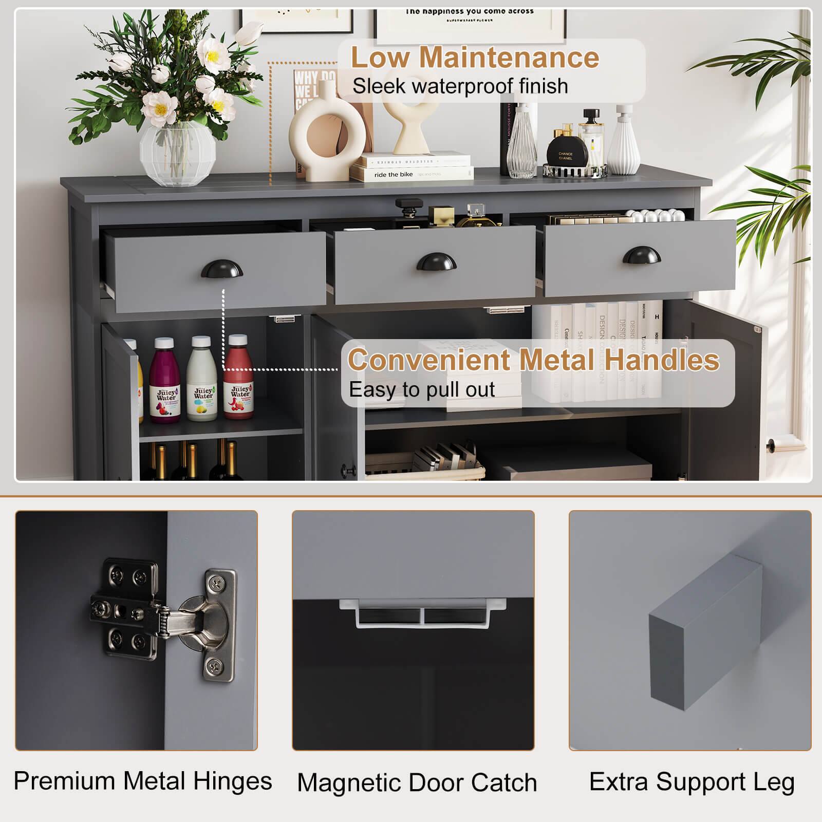 Low Maintenance, Sleek waterproof finish, Convenient Metal Handles, Easy to pull out, Premium Metal Hinges, Magnetic Door Catch, Extra Support Leg