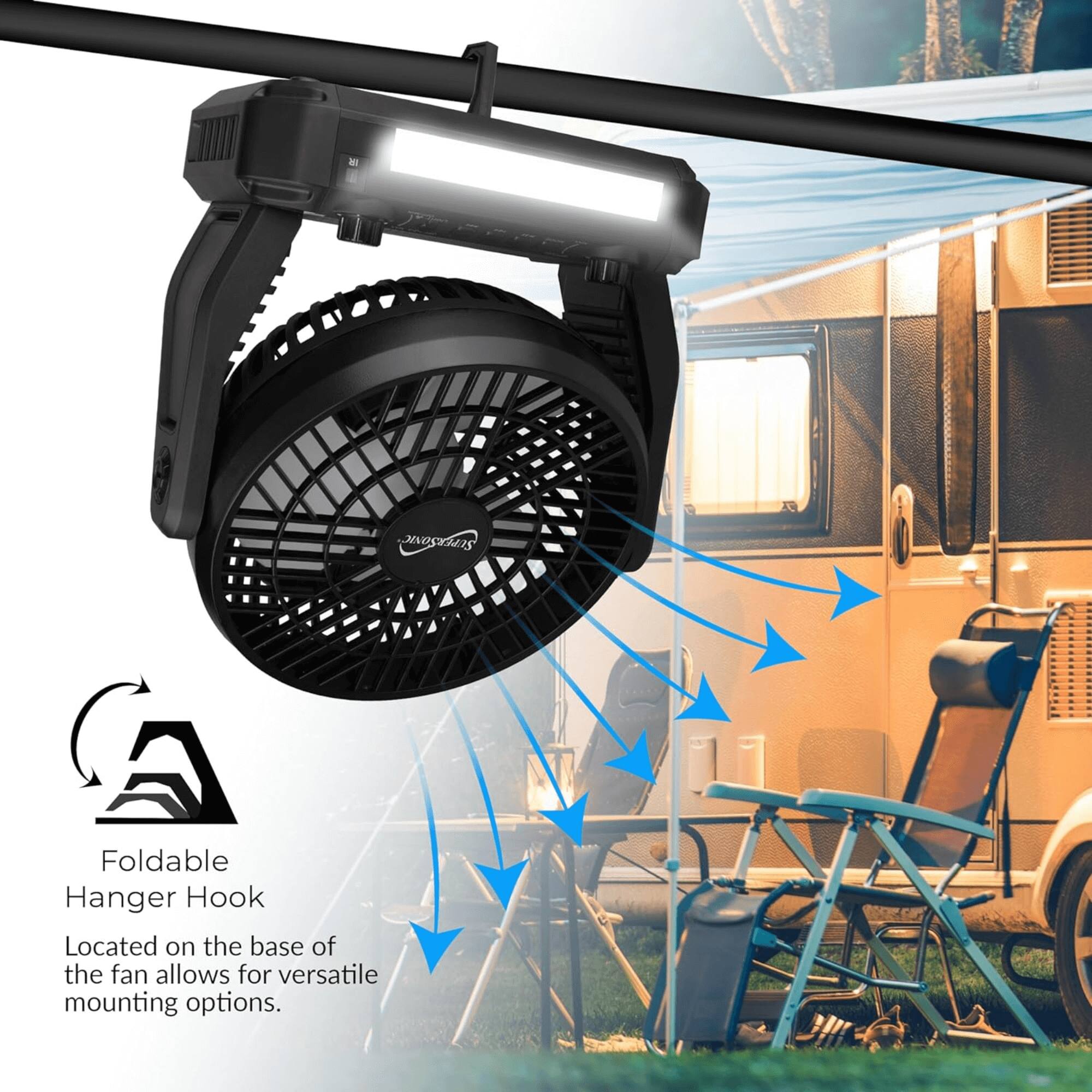 Foldable Hanger Hook  
Located on the base of the fan allows for versatile mounting options.