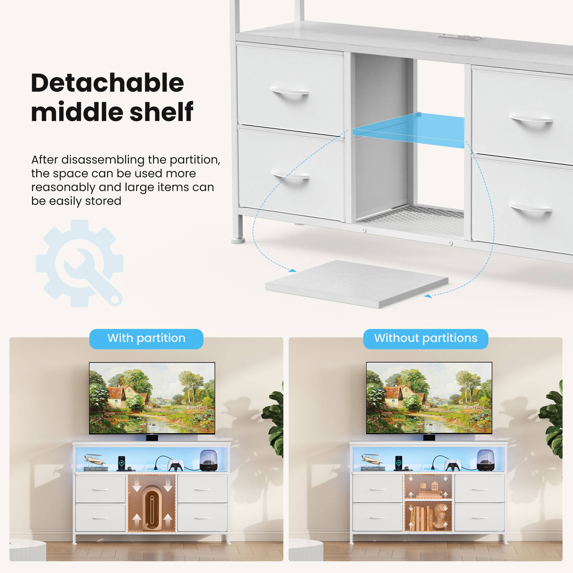 Detachable middle shelf

After disassembling the partition, the space can be used more reasonably and large items can be easily stored

With partition

Without partitions