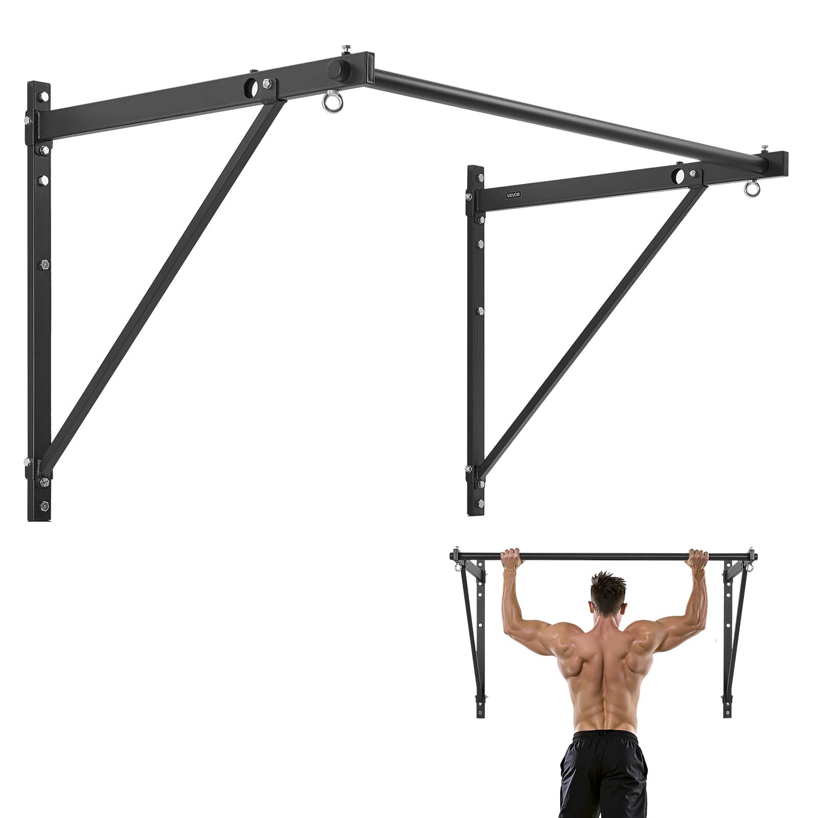 VEVOR - Pull Up Bar, 50 in Width Wall Mounted Pull Ups, Adjustable Depth 22" or 30" from Wall, Upper Body Workout Bars - Black