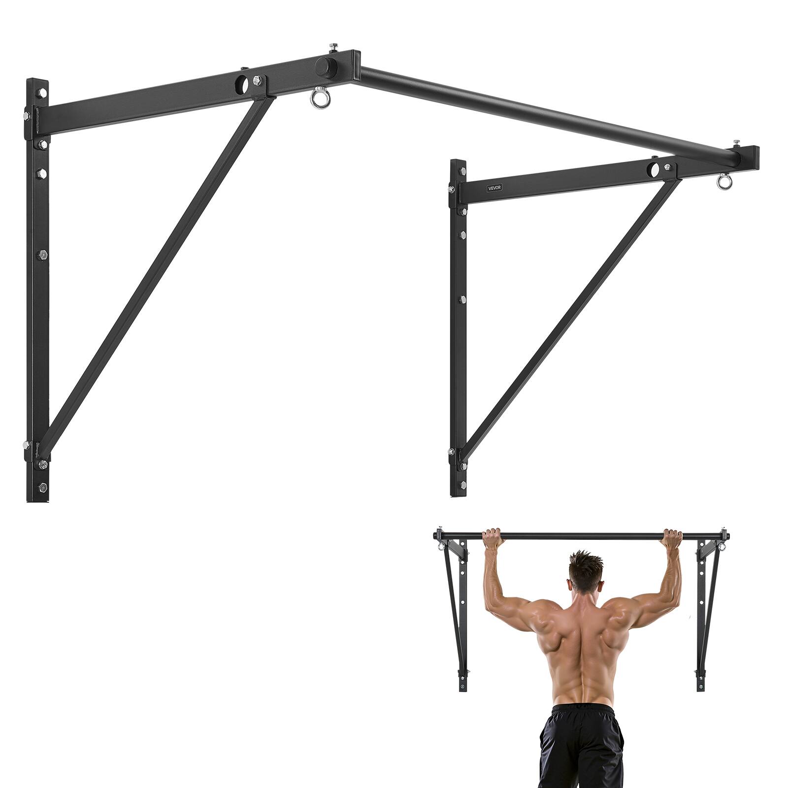 Front. VEVOR - Pull Up Bar, 50 in Width Wall Mounted Pull Ups, Adjustable Depth 22" or 30" from Wall, Upper Body Workout Bars - Black.