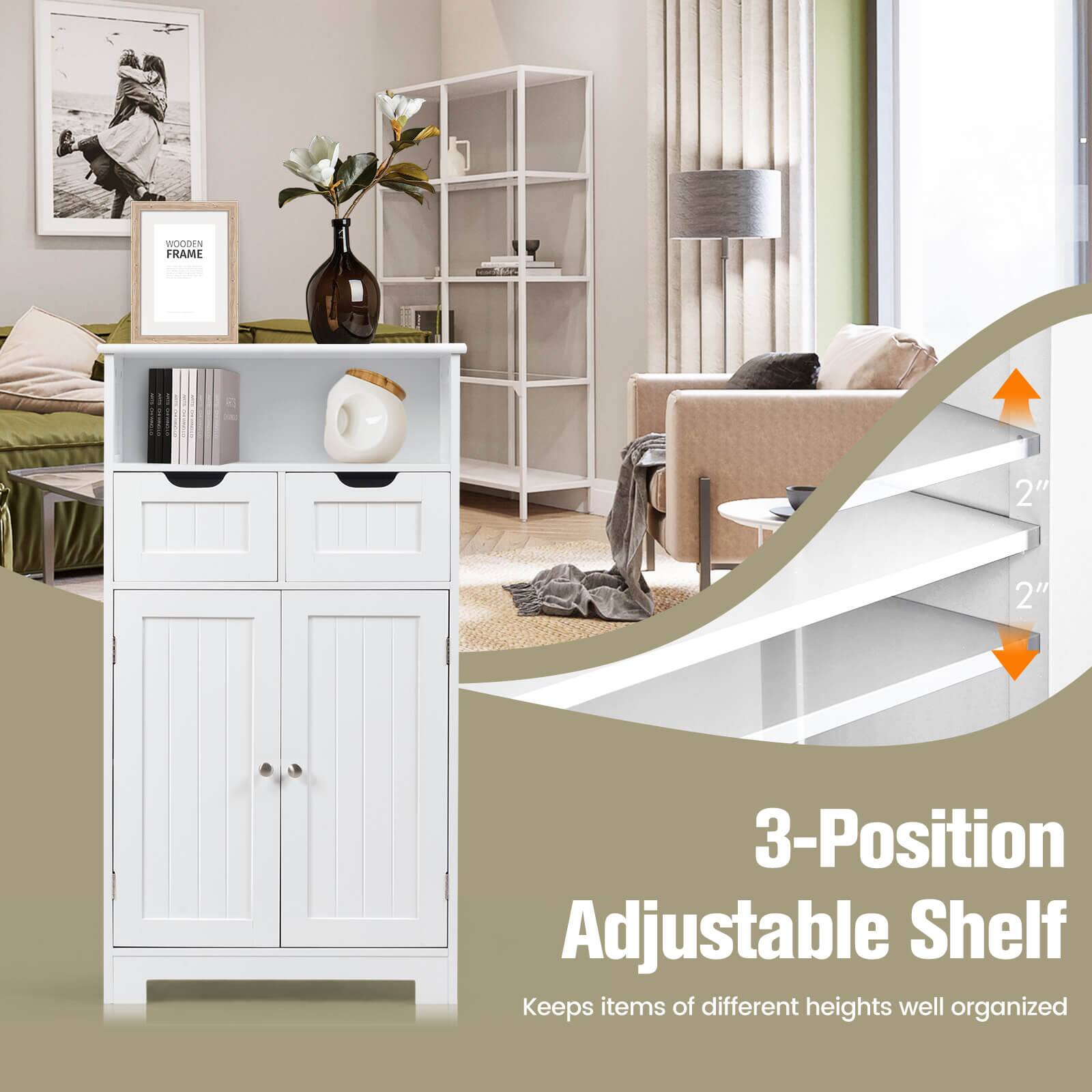 3-Position Adjustable Shelf, Keeps items of different heights well organized, WOODEN FRAME, 2", 2"