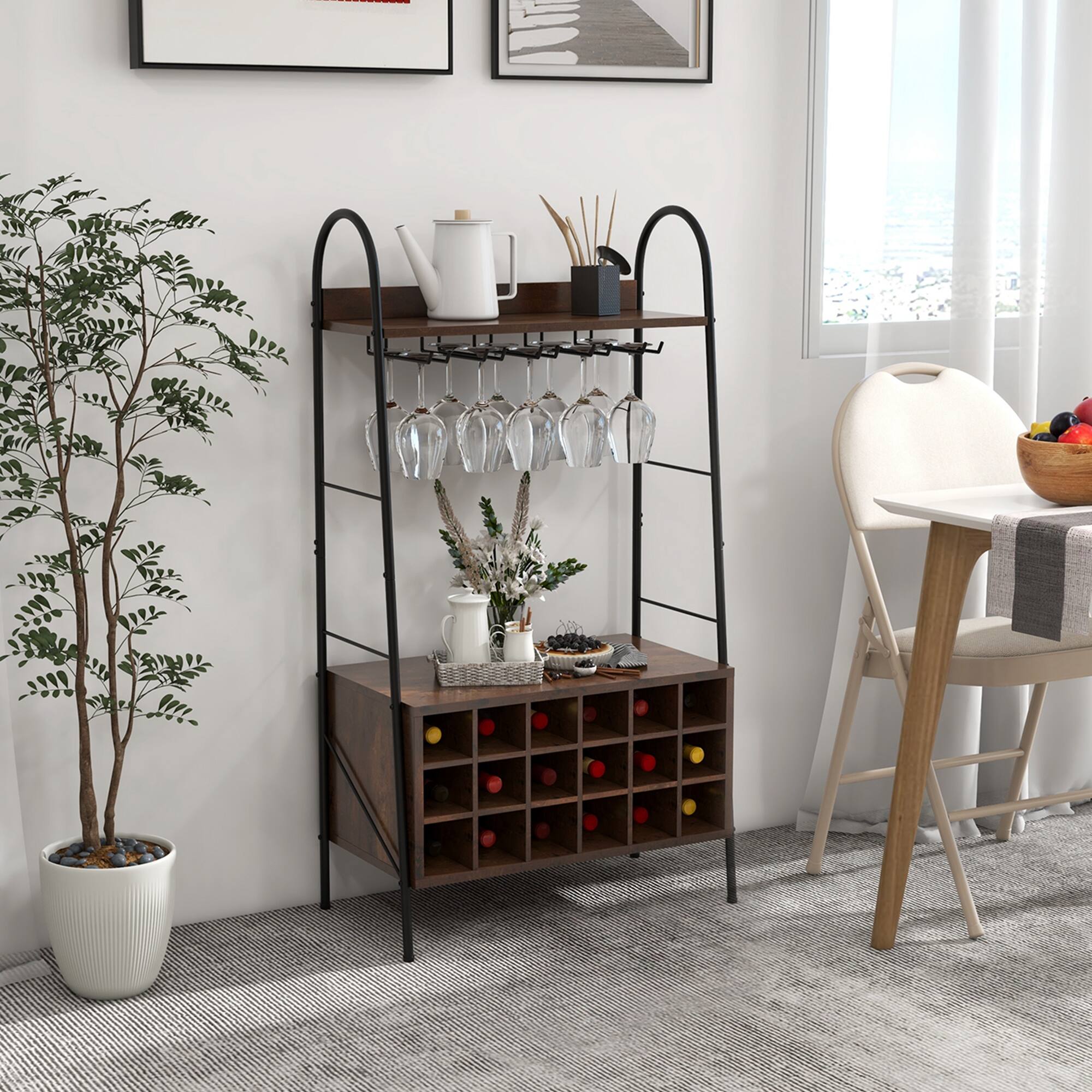 Alt View 3. Costway - Costway Industrial  Rack Freestanding Bottle Holder with Stemware Holder & Open Shelves - Rustic Brown.
