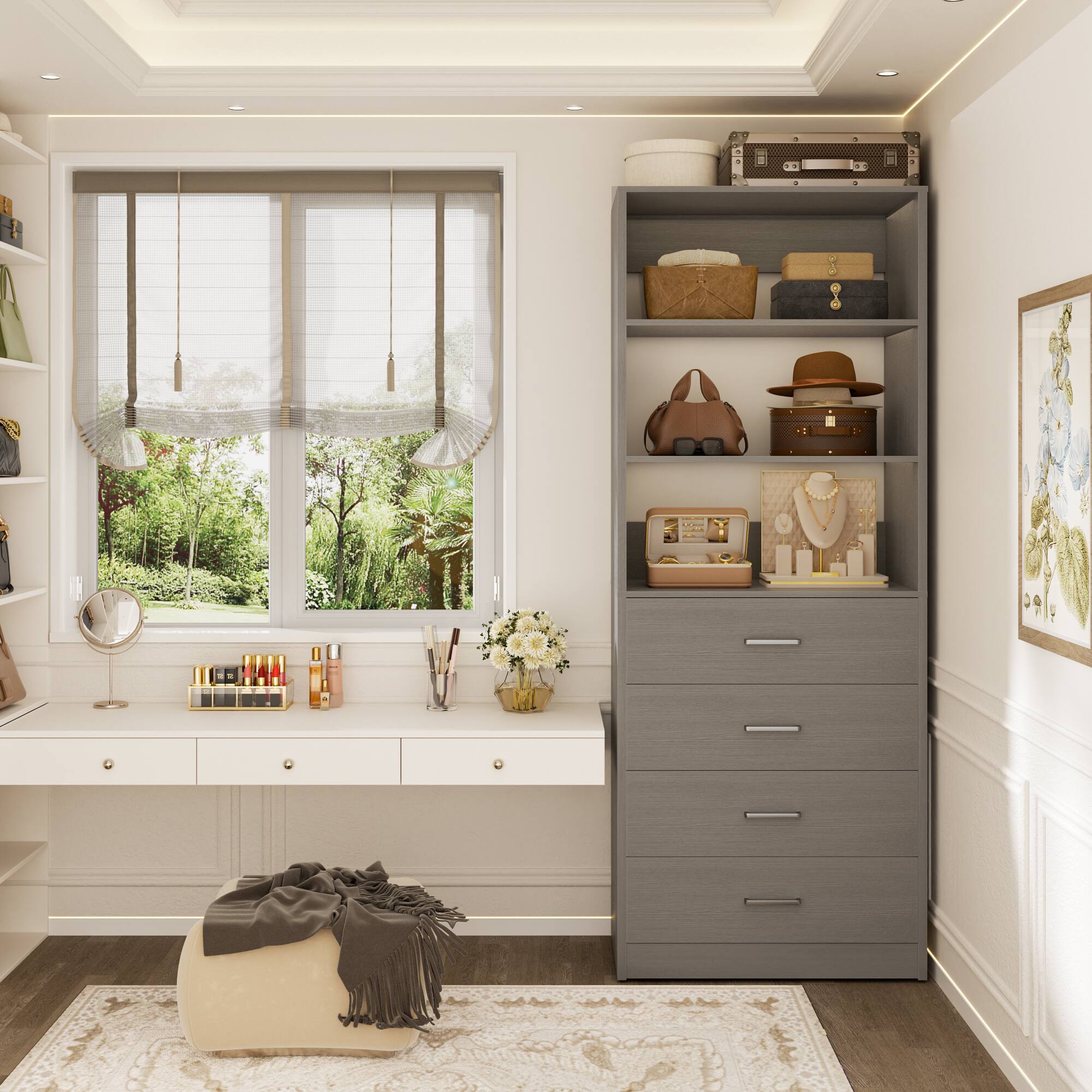 Left. Aheaplus - 80'' Tall Bookcase with 4 Wooden Drawers, 21.3'' Wide Storage Unit with Adjustable Shelves - Gray.