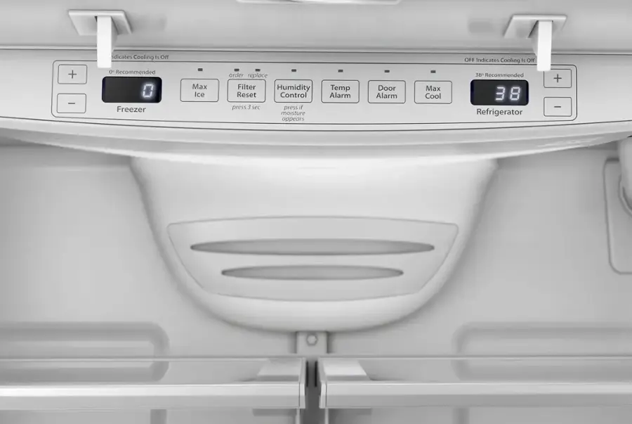 The image shows a refrigerator with a digital display that reads "Cooling is off." The display also indicates that the recommended temperature is 38 degrees Fahrenheit. The refrigerator is white and has a digital display on the front. The display is showing the current status of the refrigerator and its settings.