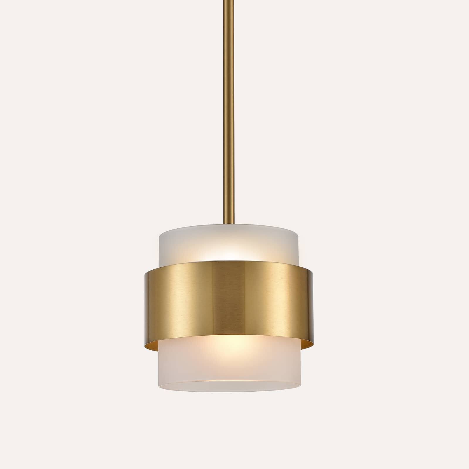 Front. MOOSE - Modern Brass Pendant Light with Frosted Glass Shade Hanging Rod - Gold.