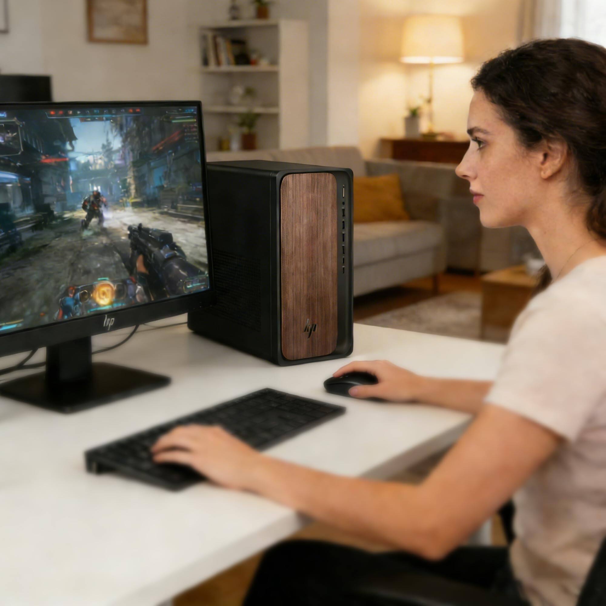 Alt View 2. HP - HP OmniDesk Desktop - Intel Core Ultra 7 265, 16GB DDR5, 1TB SSD, Windows 11 Pro, Docking Station, Dark Wood Design - Black.