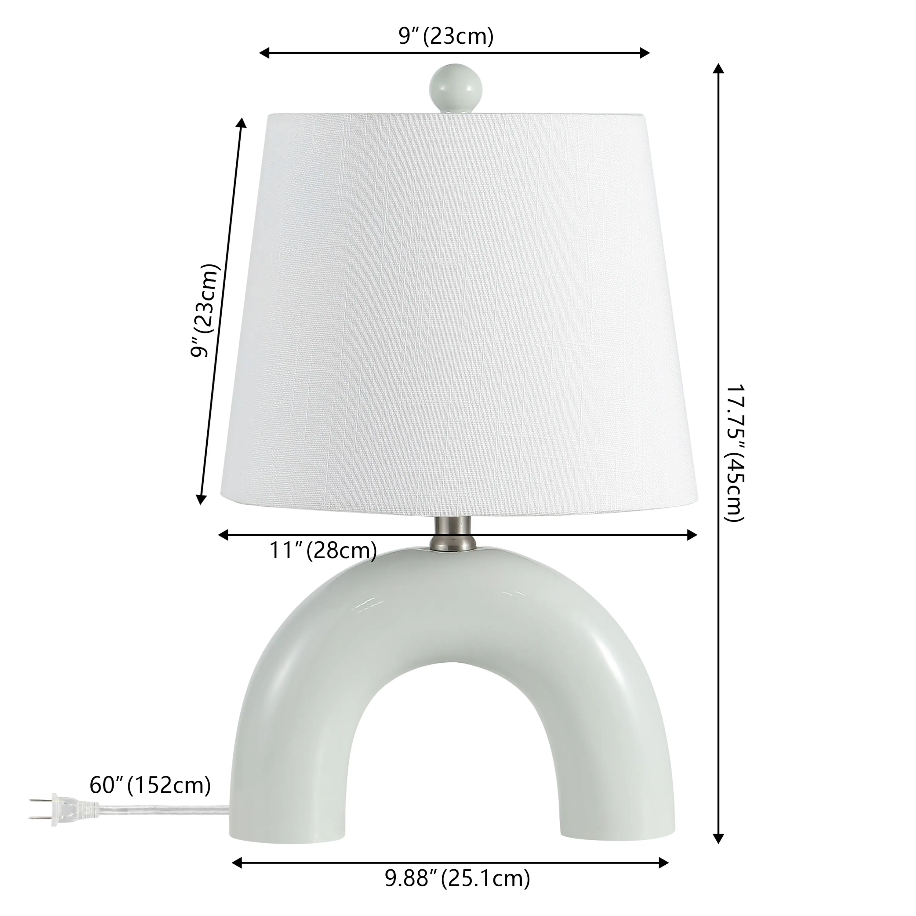 9" (23cm)  
11" (28cm)  
17.75" (45cm)  
60" (152cm)  
9.88" (25.1cm)