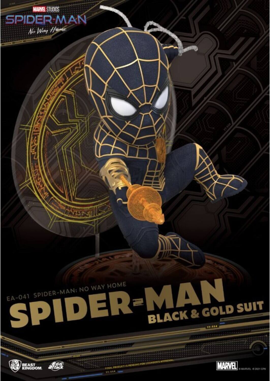 MARVEL STUDIOS SPIDER-MAN: NO WAY HOME EA-041 SPIDER-MAN: BLACK & GOLD SUIT 77-534 BEAST EGG KINGDOM attack LICENSOR'S APPROVAL PENDING FOR PRODUCT IS SINAL MARVEL. MARVEL. 2021 CPS