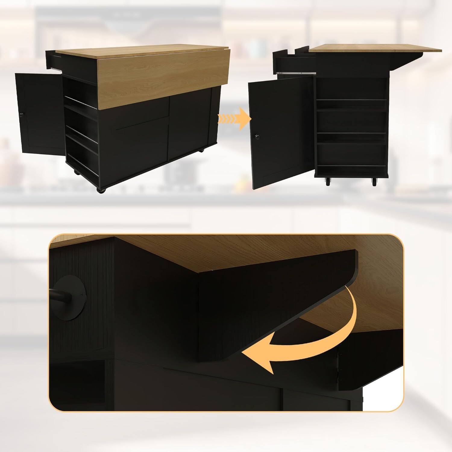 Alt View 2. Homhougo - Rolling Kitchen Island with Drop-Leaf Top, Charging Station, Storage Cart with Shelves/Drawers, 47.2" - Black.