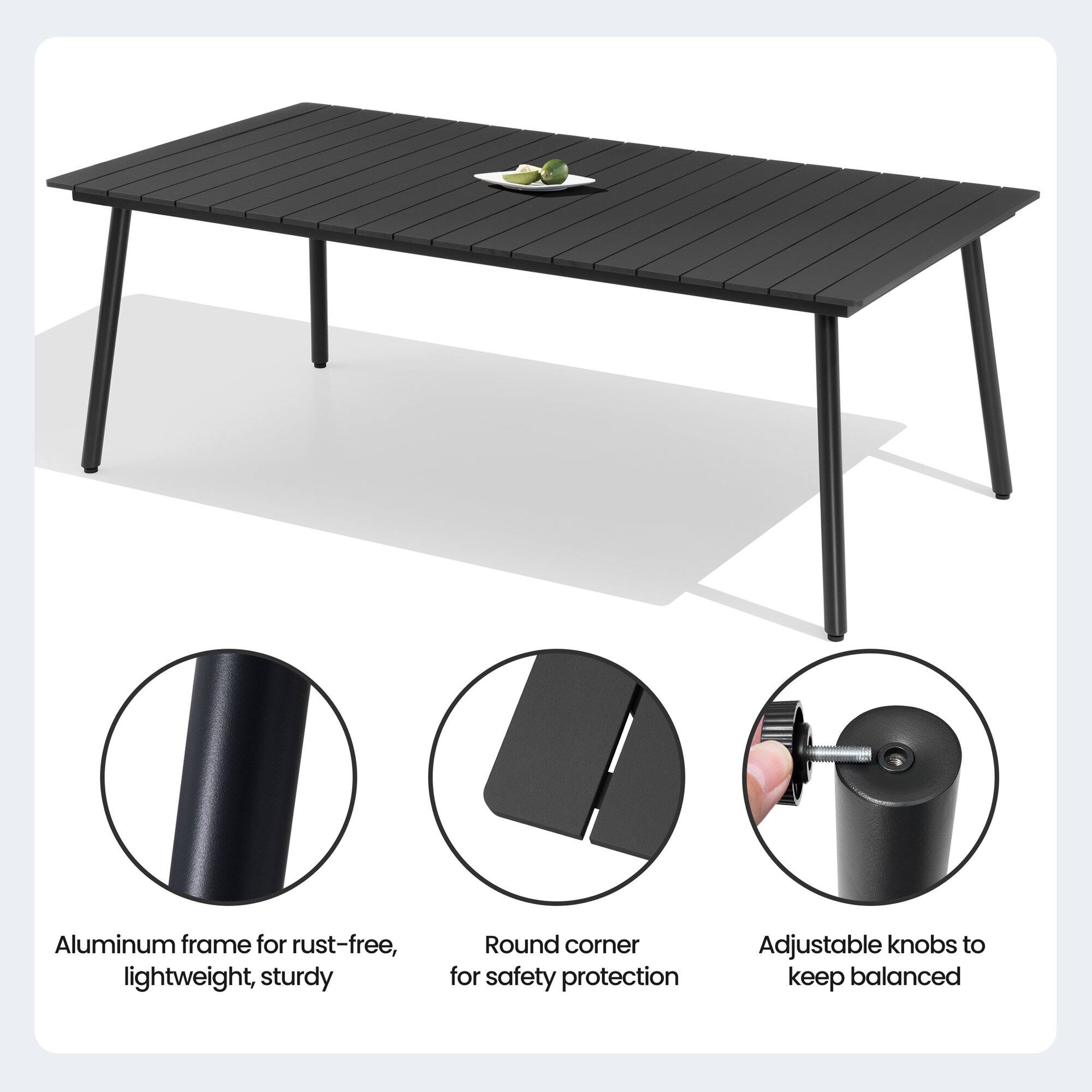 - Aluminum frame for rust-free, lightweight, sturdy
- Round corner for safety protection
- Adjustable knobs to keep balanced