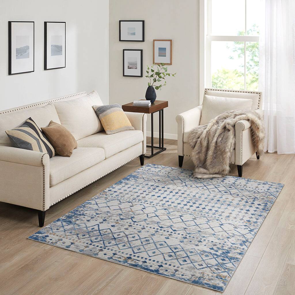 Front. APRILSOUL - Turkish Global Blue Cream Area Rug Machine Woven Medium Soft Pile High Traffic - Blue+Cream.