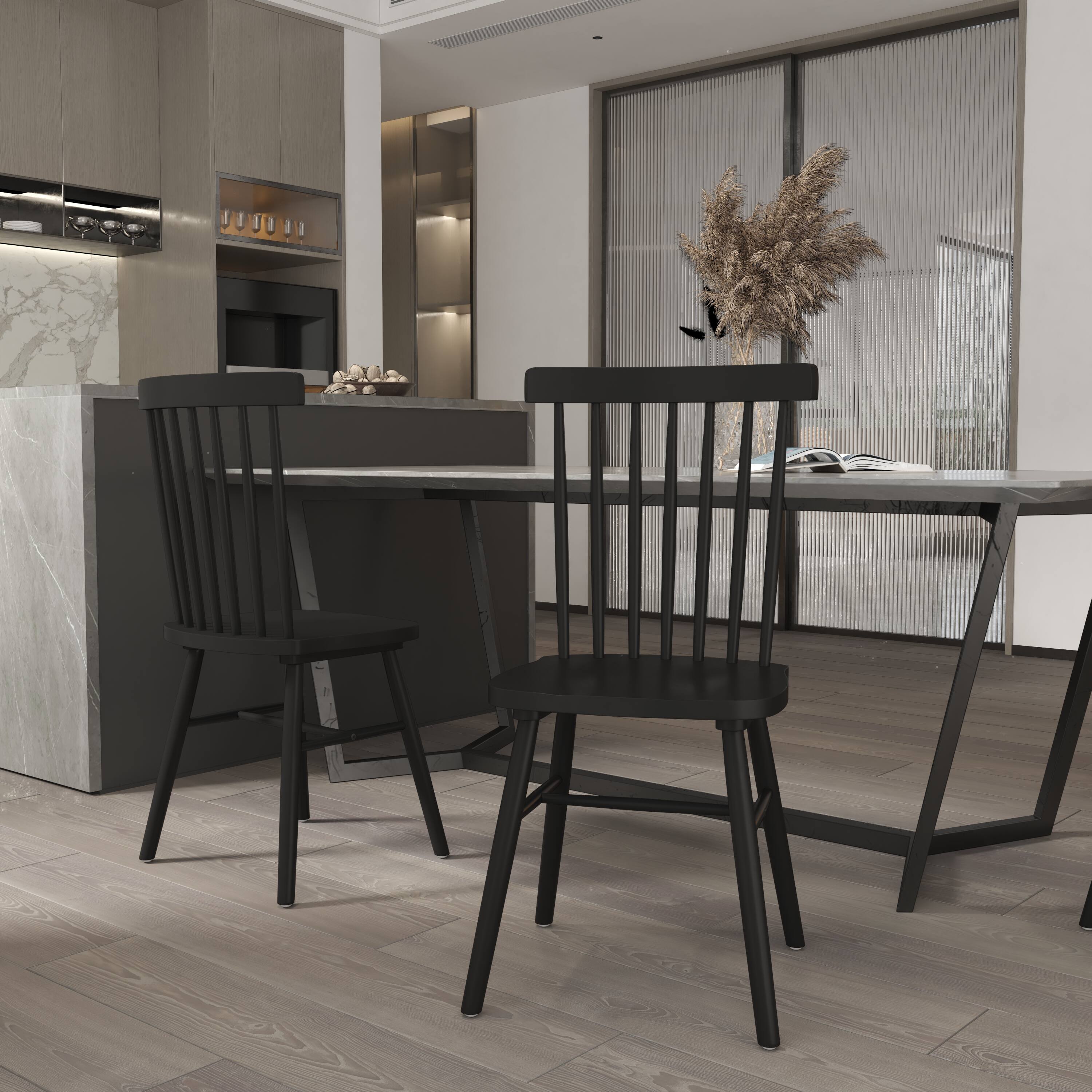 Alt View 2. Emma + Oliver - Canmore Set of Premium Solid Wood Spindle Back Armless Dining Chairs with Saddle Seats and Felt Floor Protectors - Black.