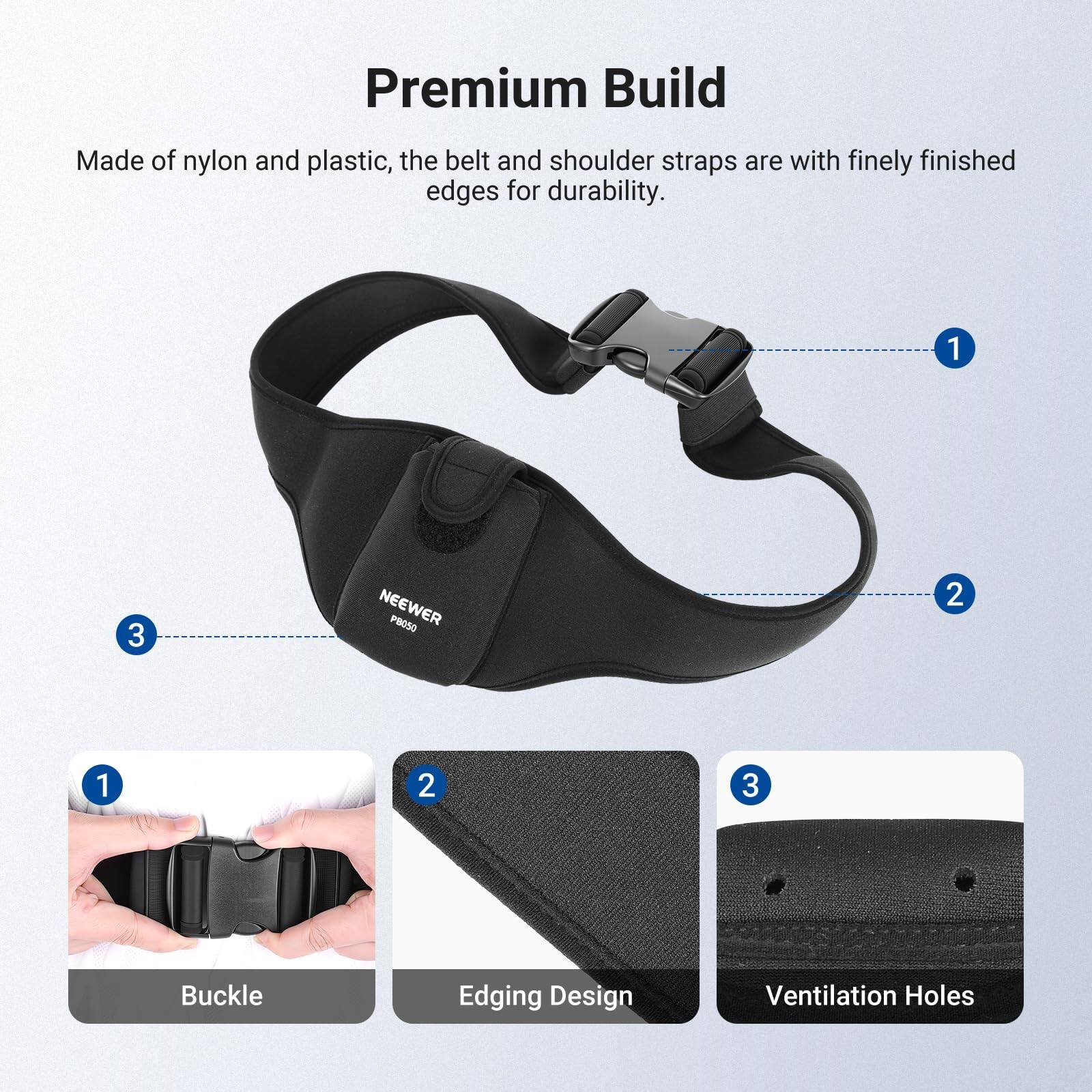 Premium Build

Made of nylon and plastic, the belt and shoulder straps are with finely finished edges for durability.

1. Buckle
2. Edging Design
3. Ventilation Holes
