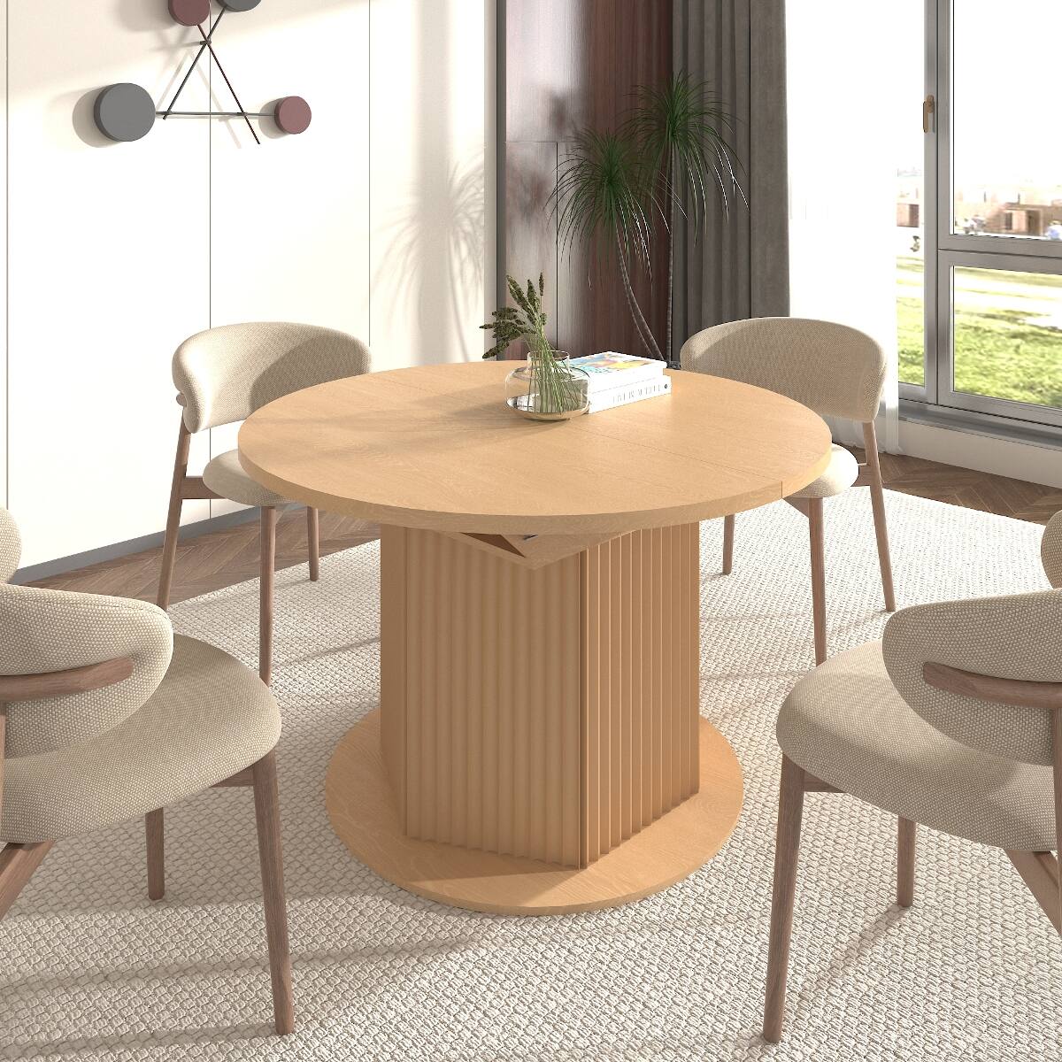 Alt View 3. Loheer - Loheer Extendable Round Dining Table for Six, Light Brown Wood Table with Textured Base - Light Brown.