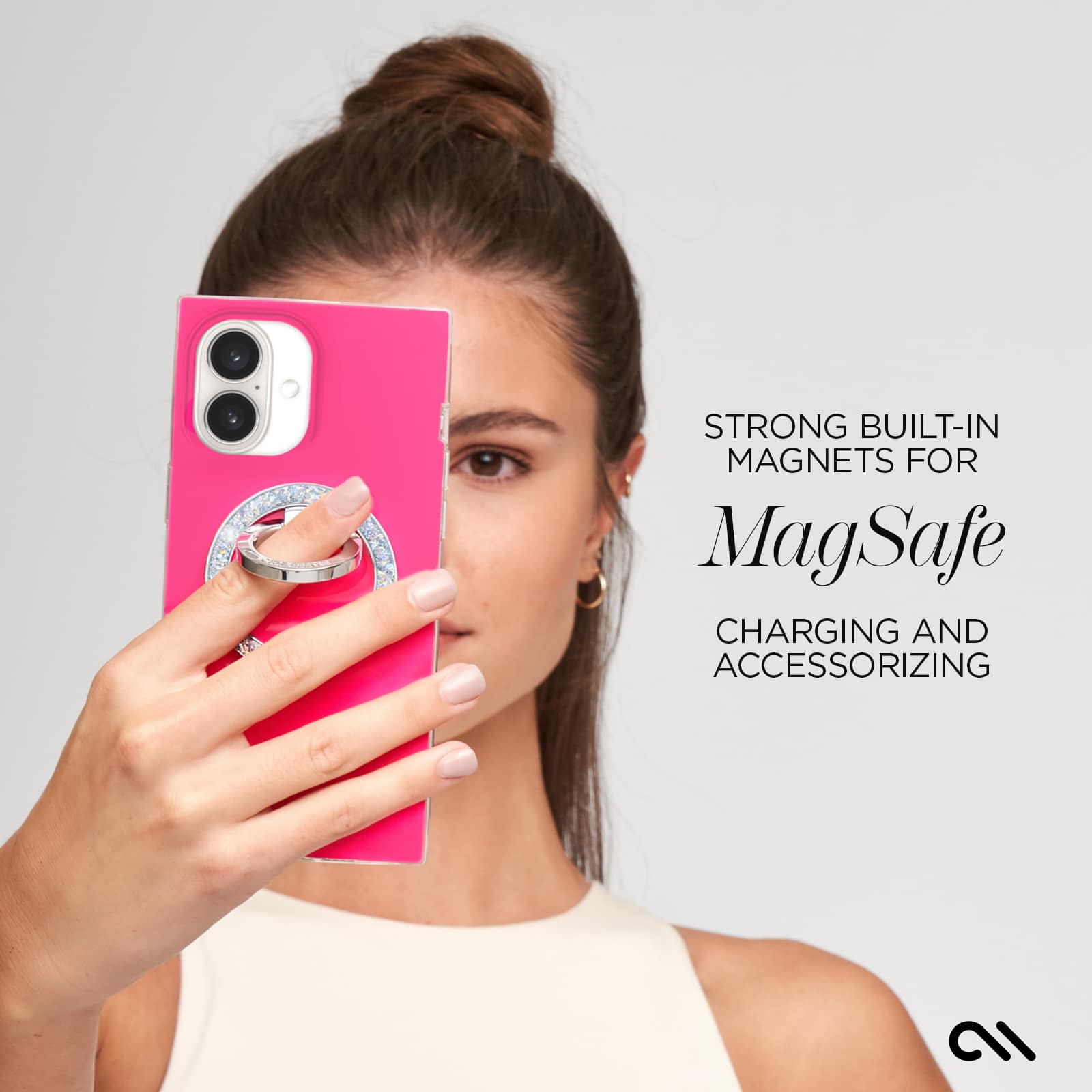 The text on the image reads: "Strong built-in magnets for MagSafe charging and accessorizing."