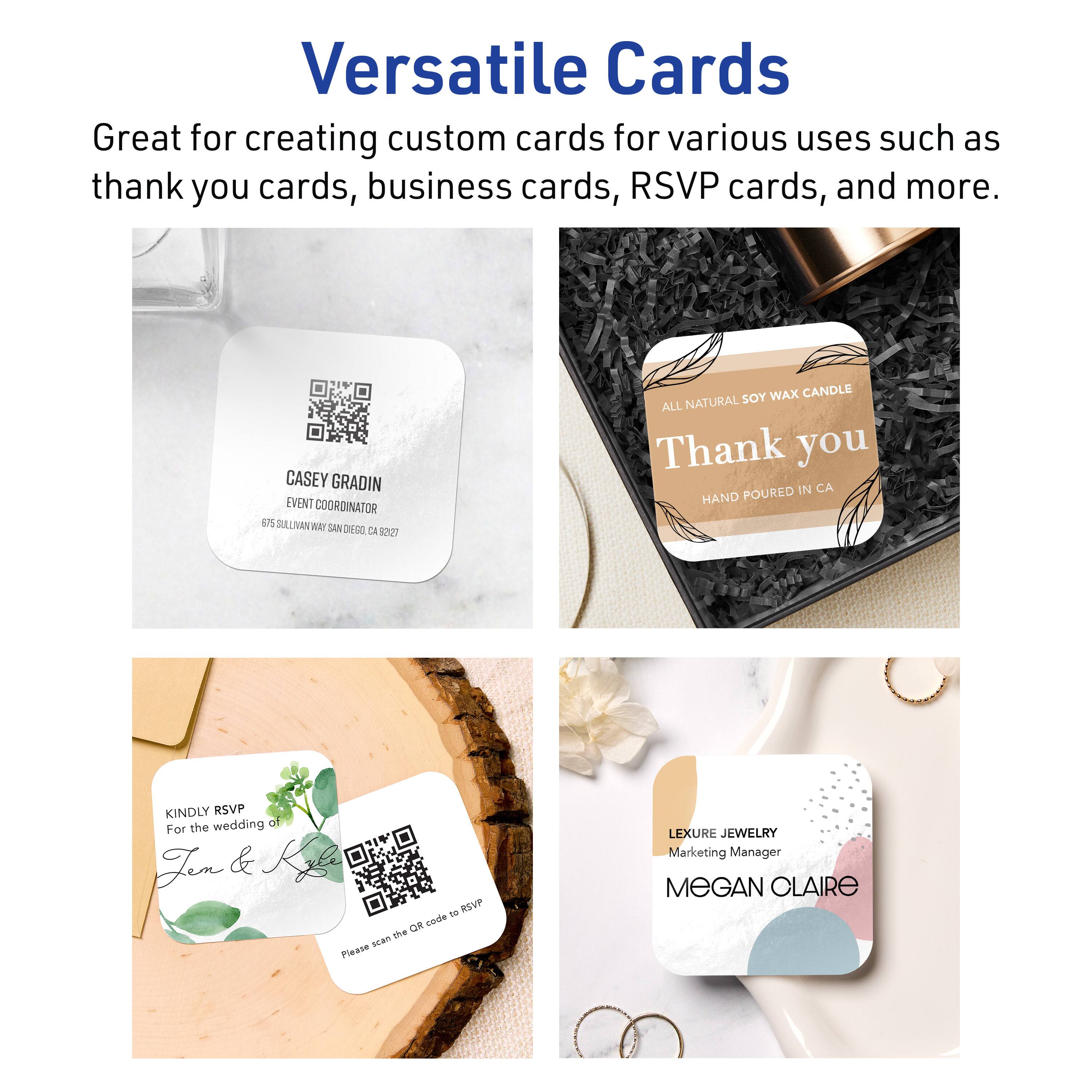 Versatile Cards

Great for creating custom cards for various uses such as thank you cards, business cards, RSVP cards, and more.

CASEY GRADIN  
EVENT COORDINATOR  
675 SULLIVAN WAY SAN DIEGO, CA 92107

ALL NATURAL SOY WAX CANDLE  
HAND POURED IN CA  
Thank you

KINDLY RSVP  
For the wedding of  
Ten & Kale  
Please scan the QR code to RSVP

LEXURE JEWELRY  
Marketing Manager  
MEGAN CLAIRE