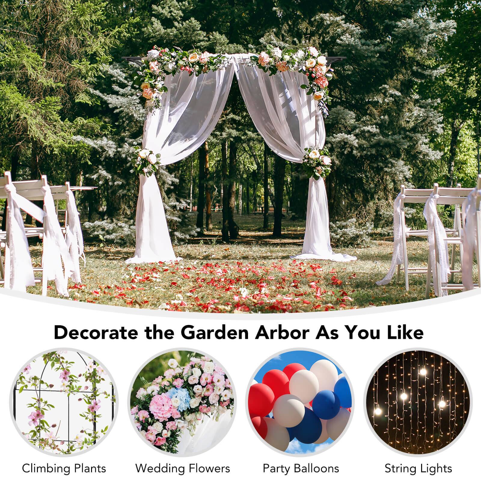 Decorate the Garden Arbor As You Like: Climbing Plants, Wedding Flowers, Party Balloons, String Lights.
