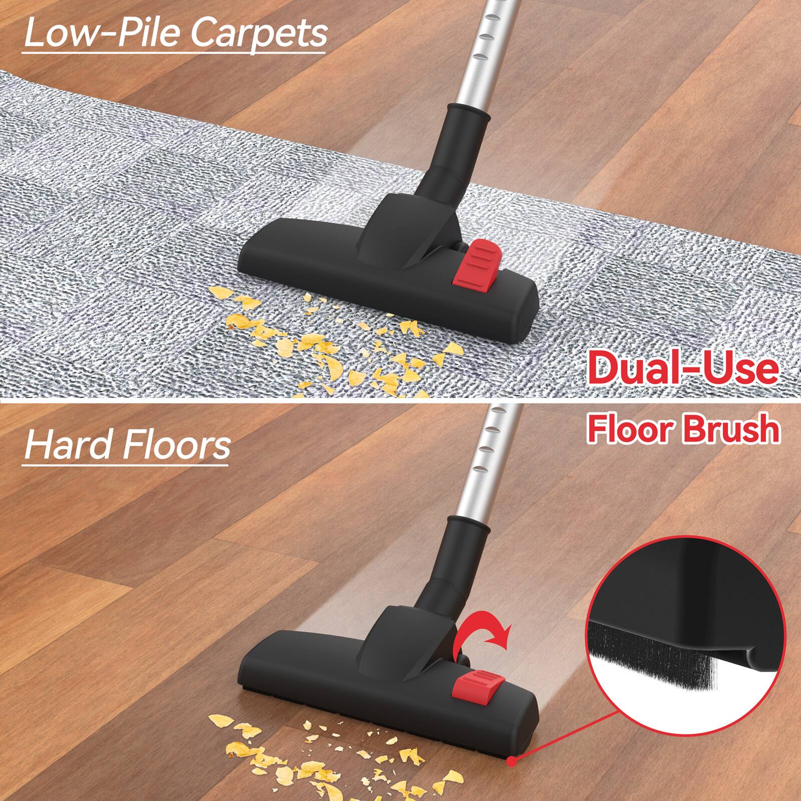 Low-Pile Carpets  
Hard Floors  
Dual-Use Floor Brush
