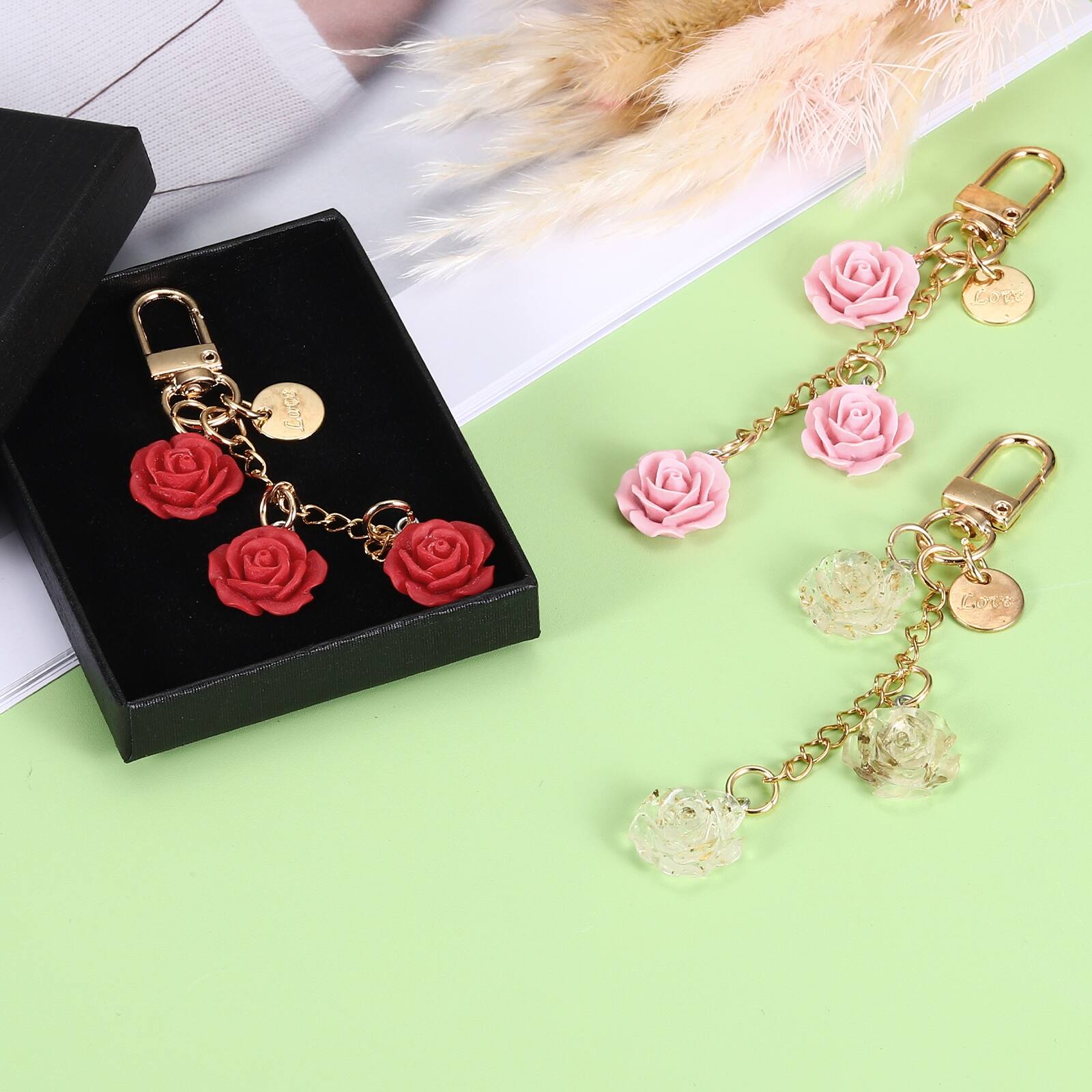 Alt View 6. Unique Bargains - Rose Flower Beaded Key Chains Mini Rose Pendant Keyrings Elegant Car Keychains for Women Purse Handbag Bag Keys - Light Blue.