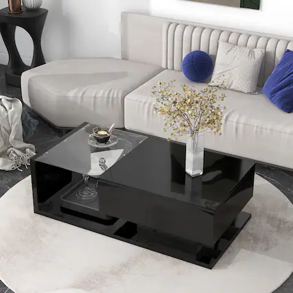 Front. GOODSILO - Modern Coffee Table with Tempered Glass Top and High-Gloss UV Finish, Two-Tier Rectangular Center Table - Black.
