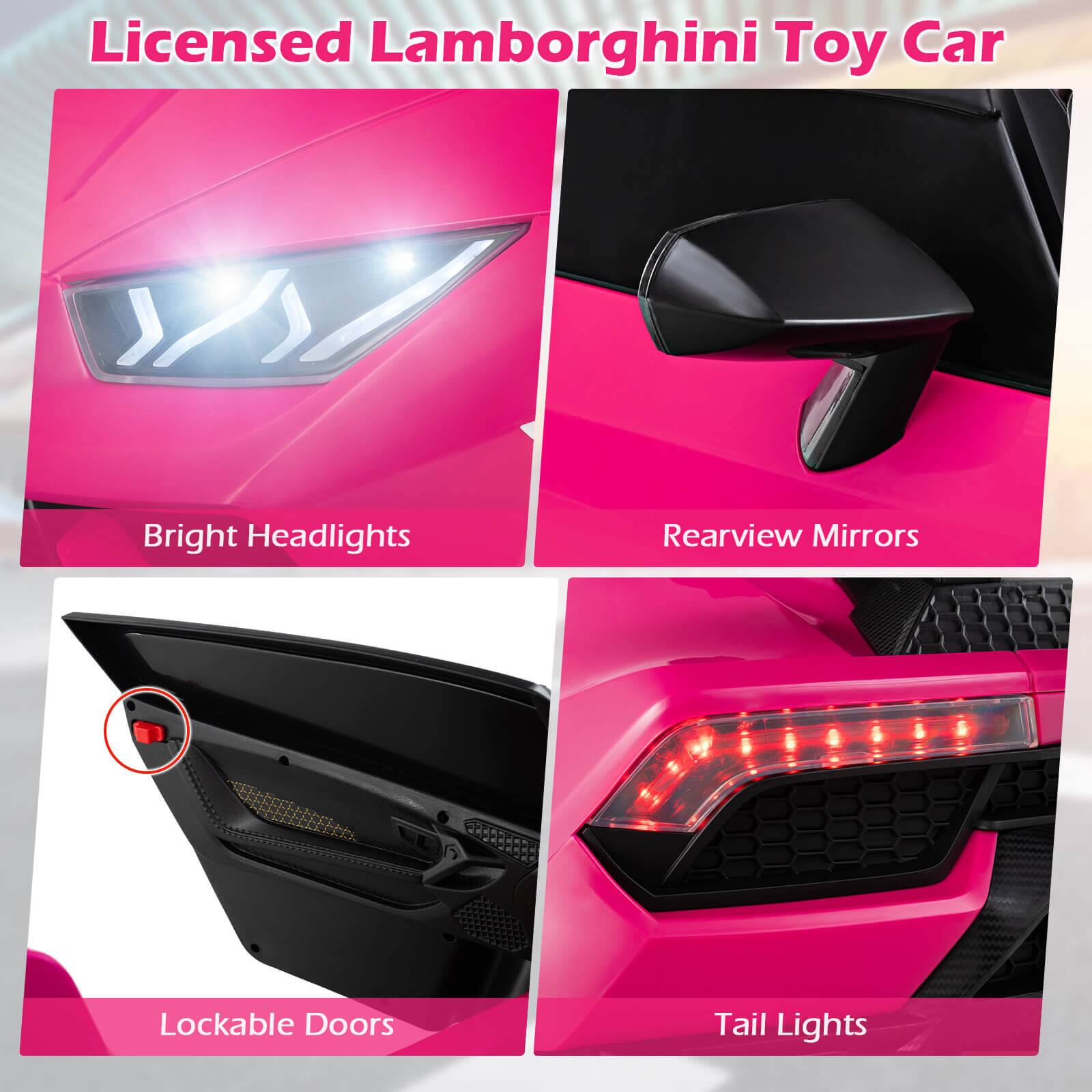 Licensed Lamborghini Toy Car

- Bright Headlights
- Rearview Mirrors
- Lockable Doors
- Tail Lights