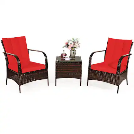 Front. Costway - 3 PCS Patio Wicker Rattan Furniture Set Coffee Table & 2 Rattan Chair W/Cushions - Red.