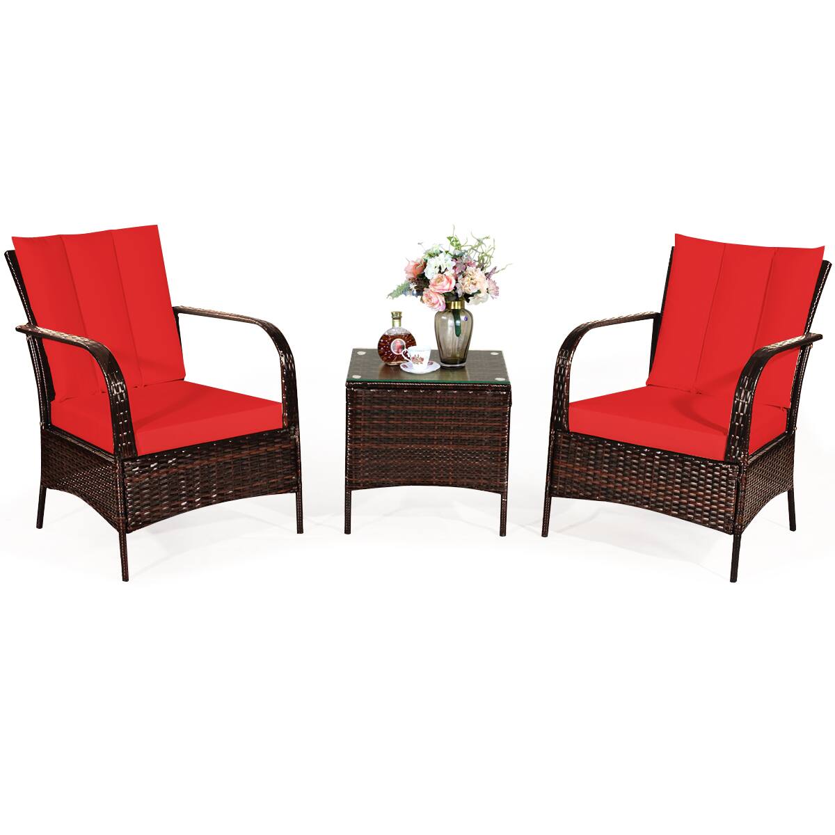 Costway - 3 PCS Patio Wicker Rattan Furniture Set Coffee Table & 2 Rattan Chair W/Cushions - Red