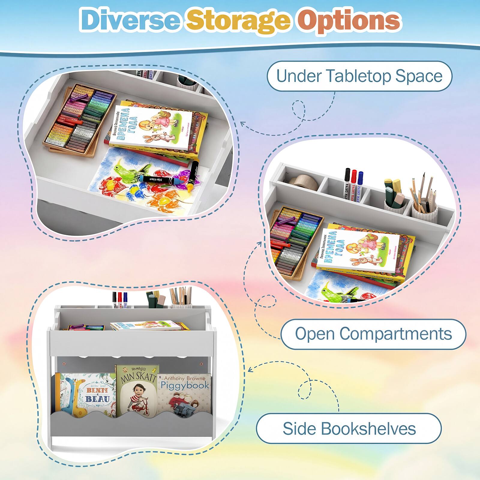 Diverse Storage Options

- Under Tabletop Space
- Open Compartments
- Side Bookshelves

Books:
- BEMEAA
- MIN SKATT
- Anthony Browne - Piggybook
- BEN BLAU