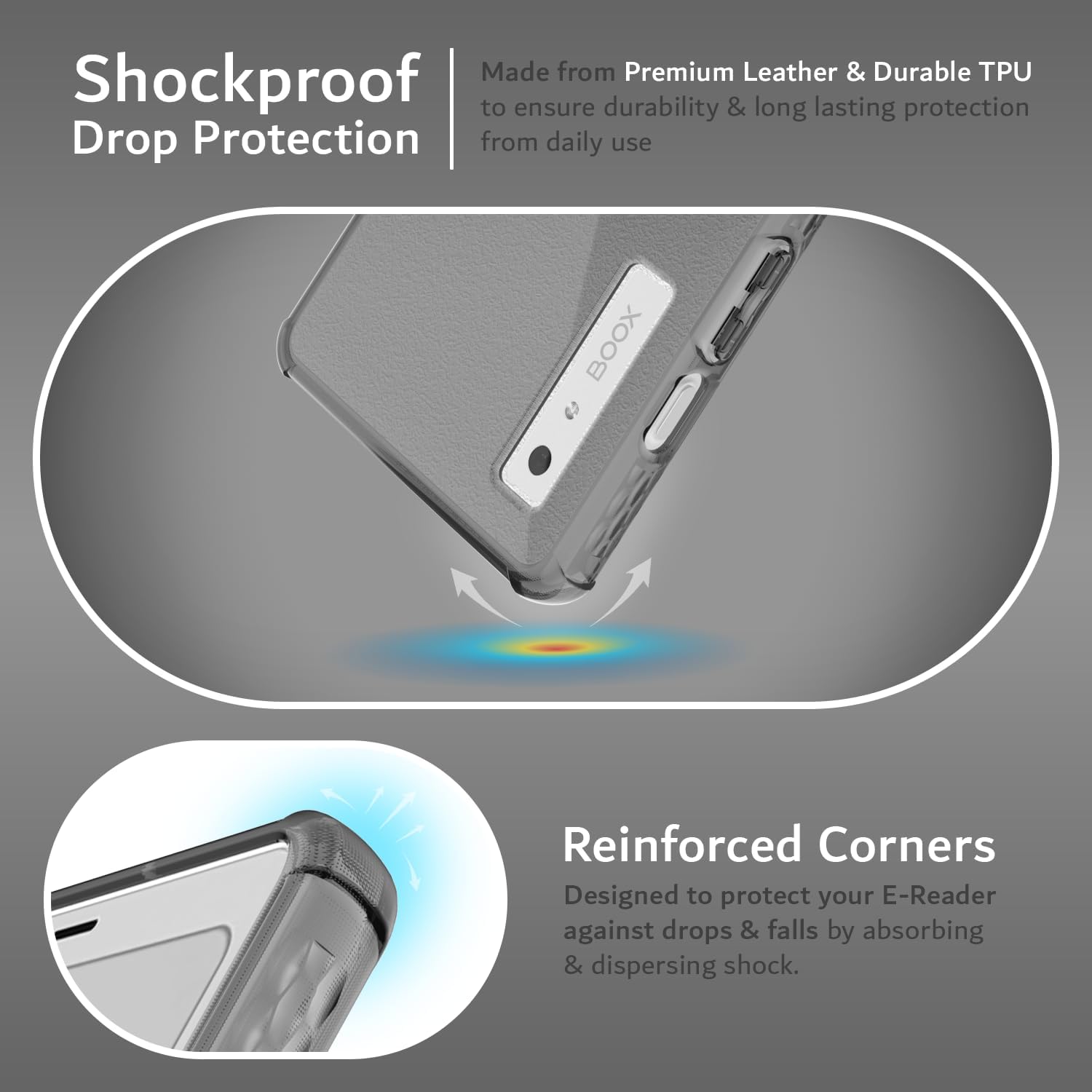 Made from Premium Leather & Durable TPU to ensure durability & long lasting protection from daily use

Shockproof Drop Protection

Reinforced Corners
Designed to protect your E-Reader against drops & falls by absorbing & dispersing shock.
