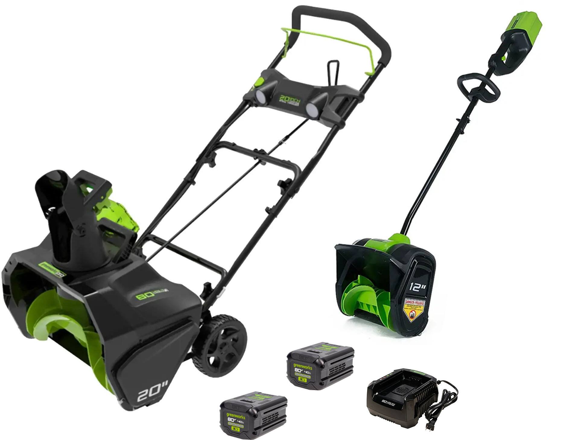 Greenworks - 80V 20” Snow Blower, and 12" Snow Shovel - 2-Piece Winter Combo Kit with (2) 4.0 Ah Batteries & Rapid Charger - Green